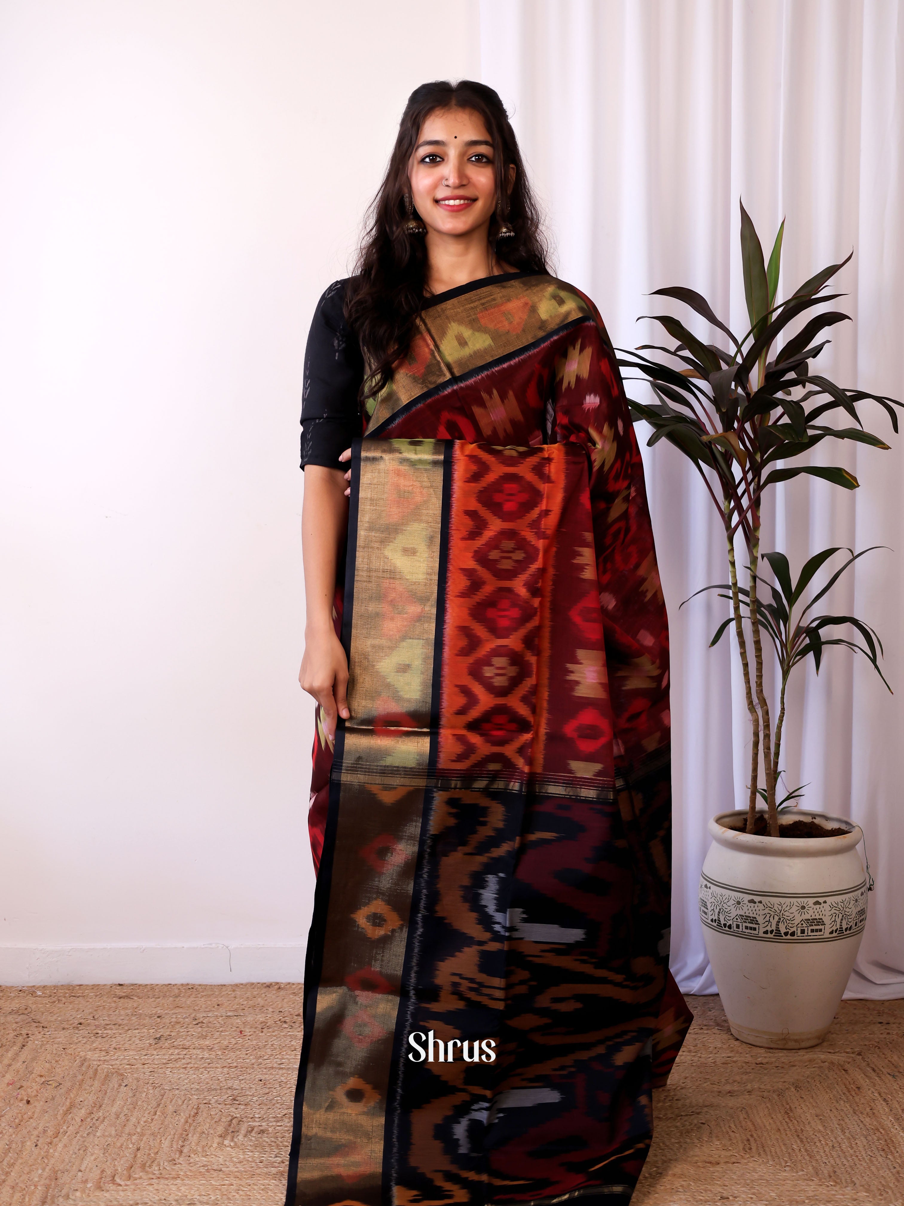 Brown & Black - Pochampally sico Saree