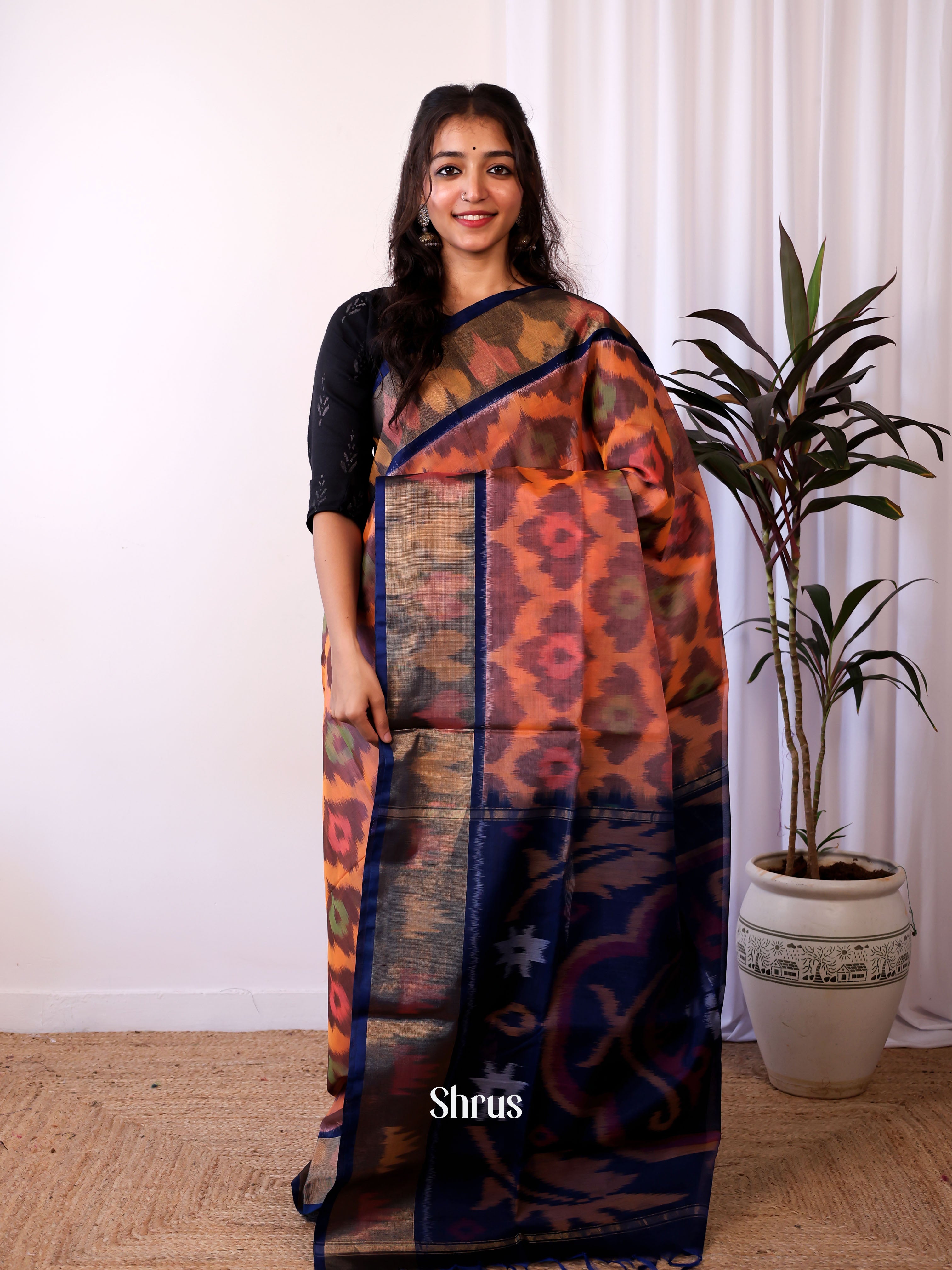 Brick  & Blue - Pochampally sico Saree