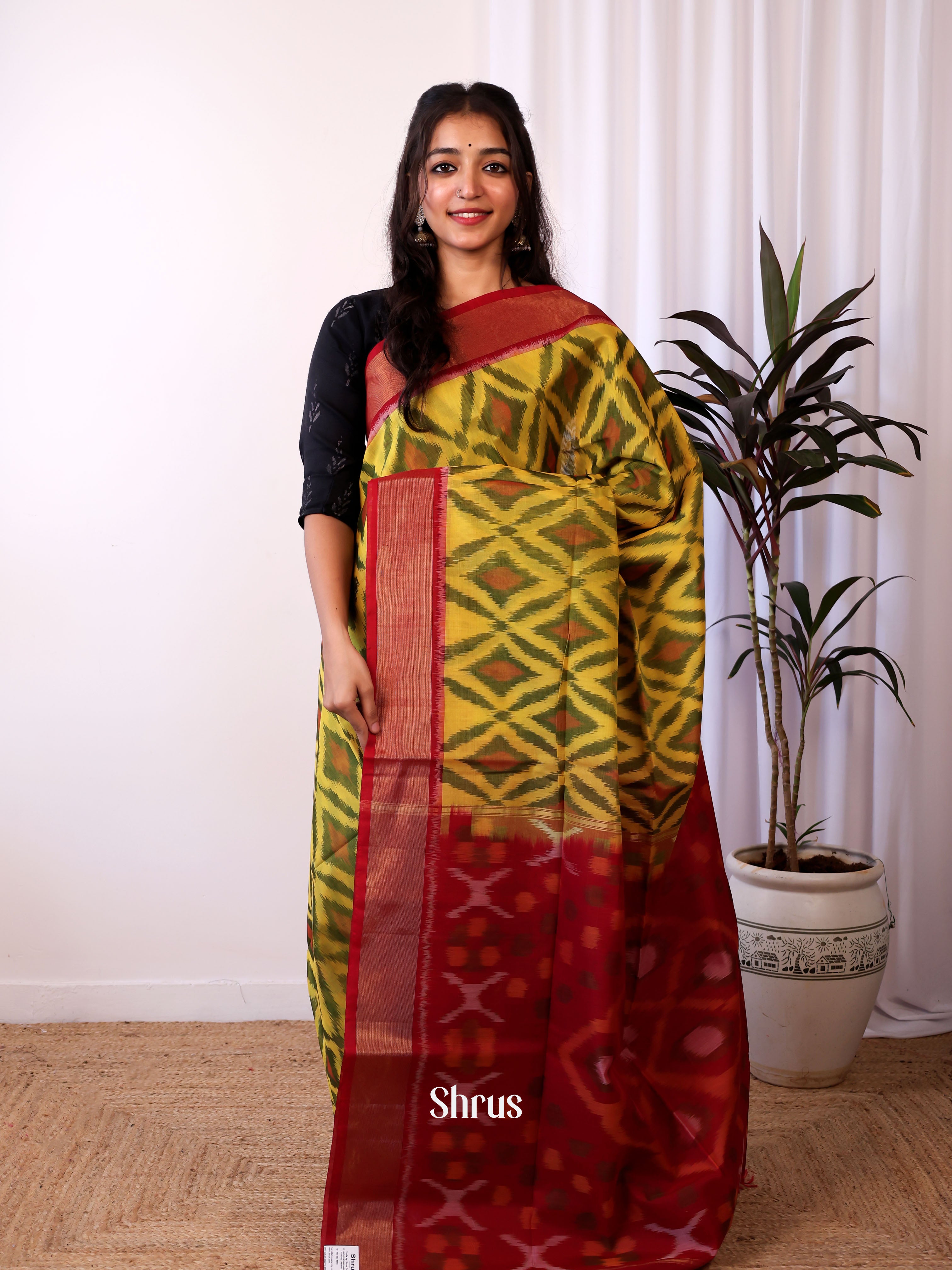 Mustardy Green & Red - Pochampally sico Saree