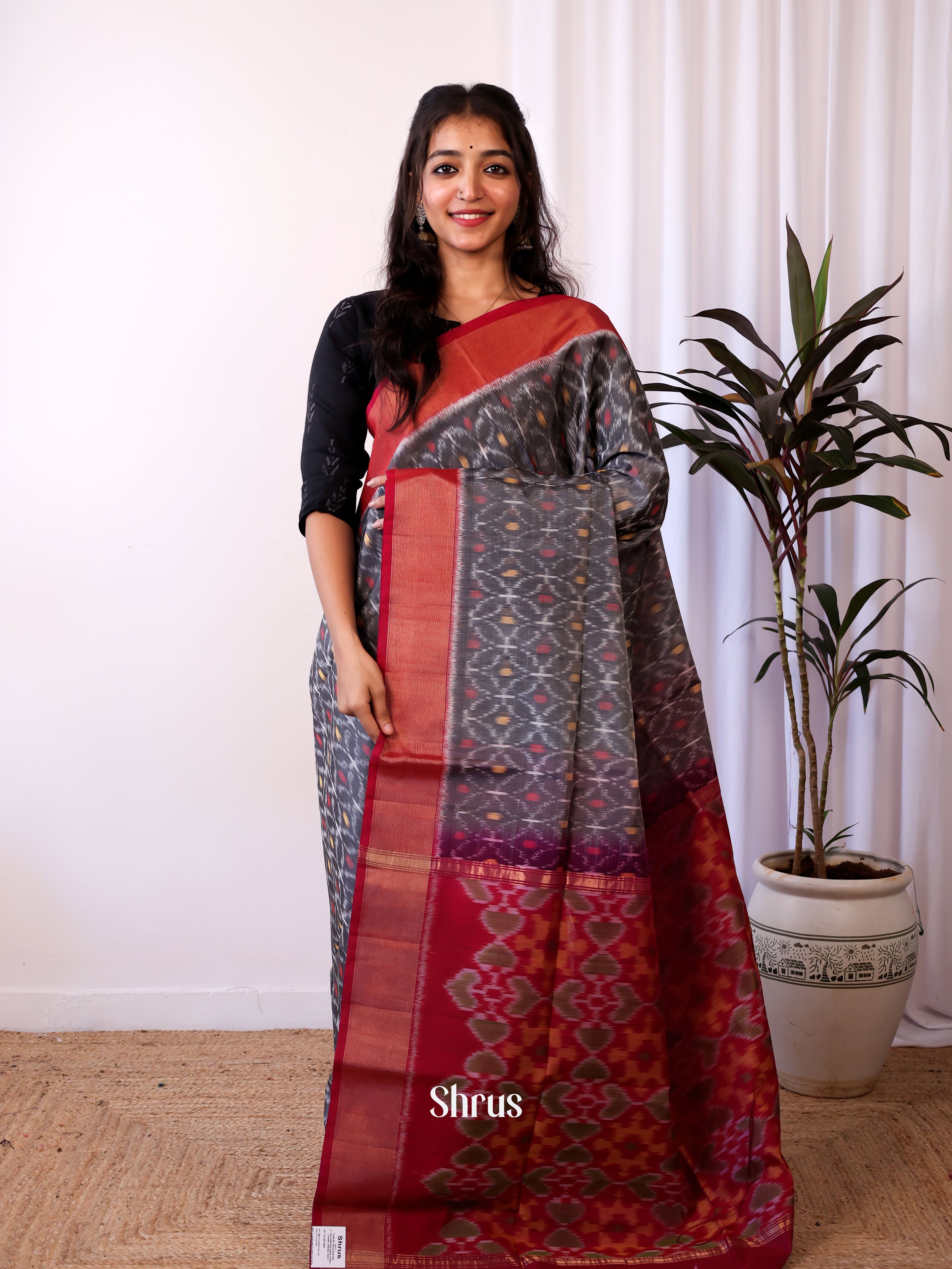 Grey & Maroon - Pochampally sico Saree