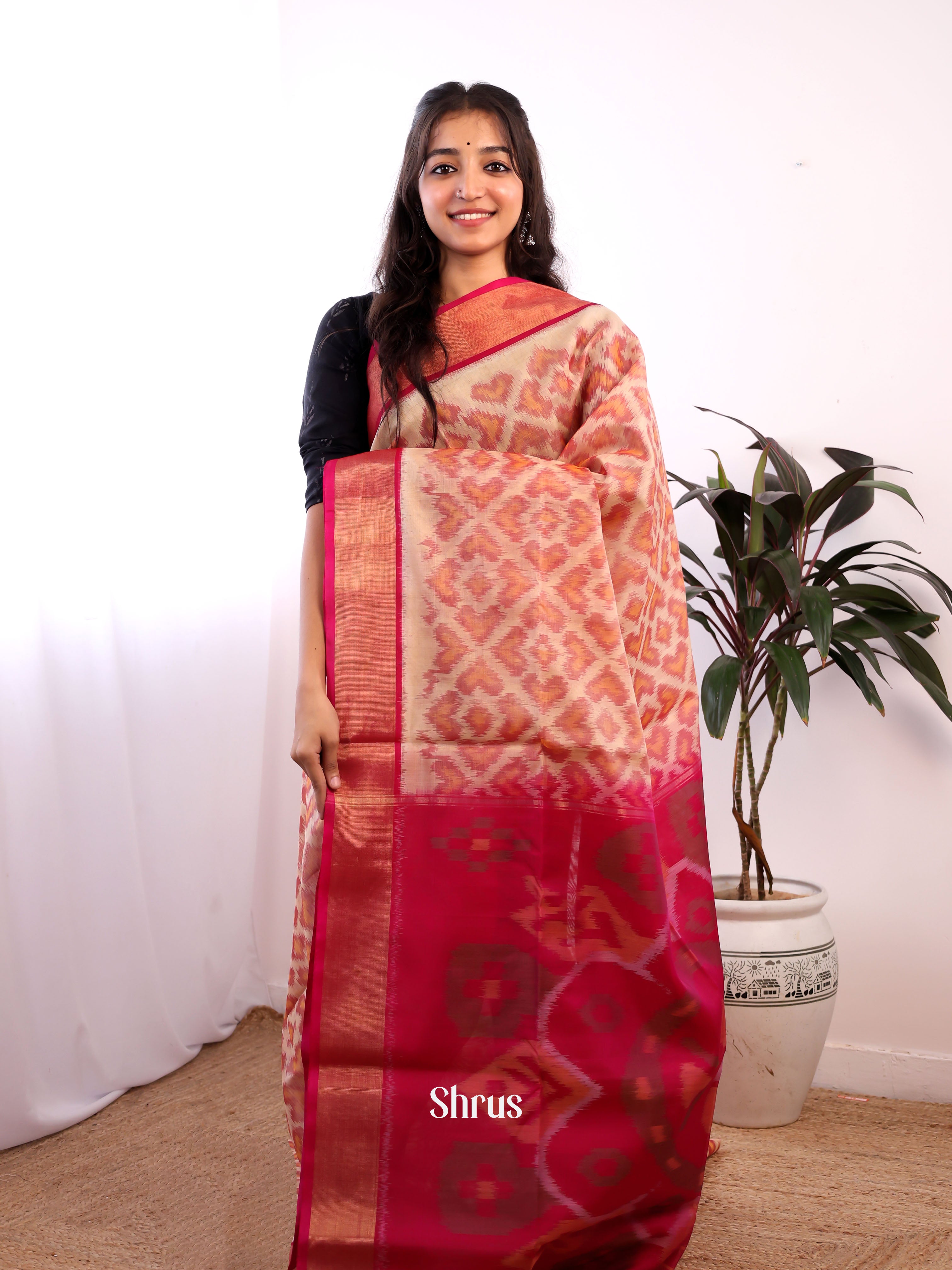 Cream & Red - Pochampally sico Saree