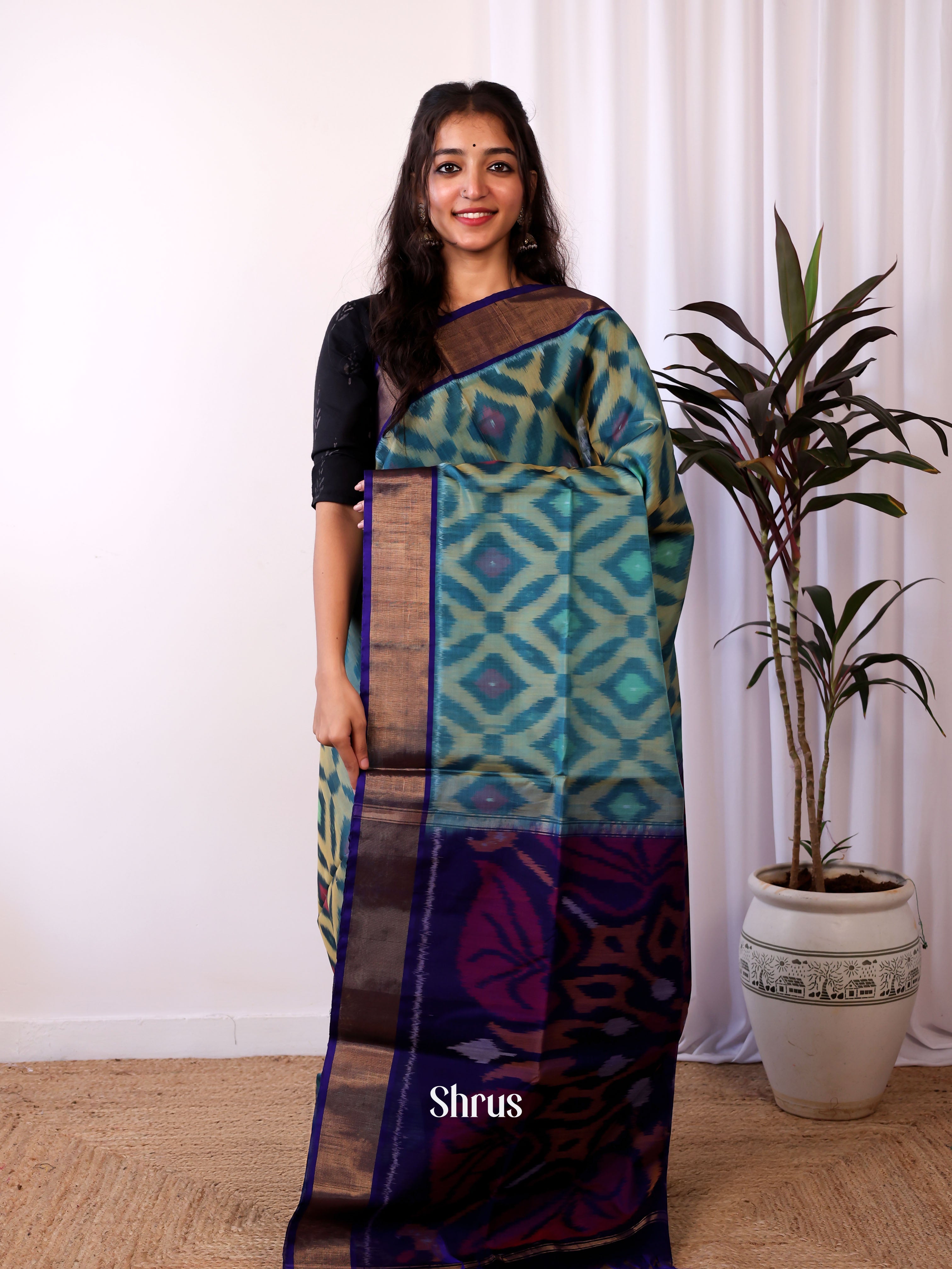 Teal Blue & Violet - Pochampally sico Saree