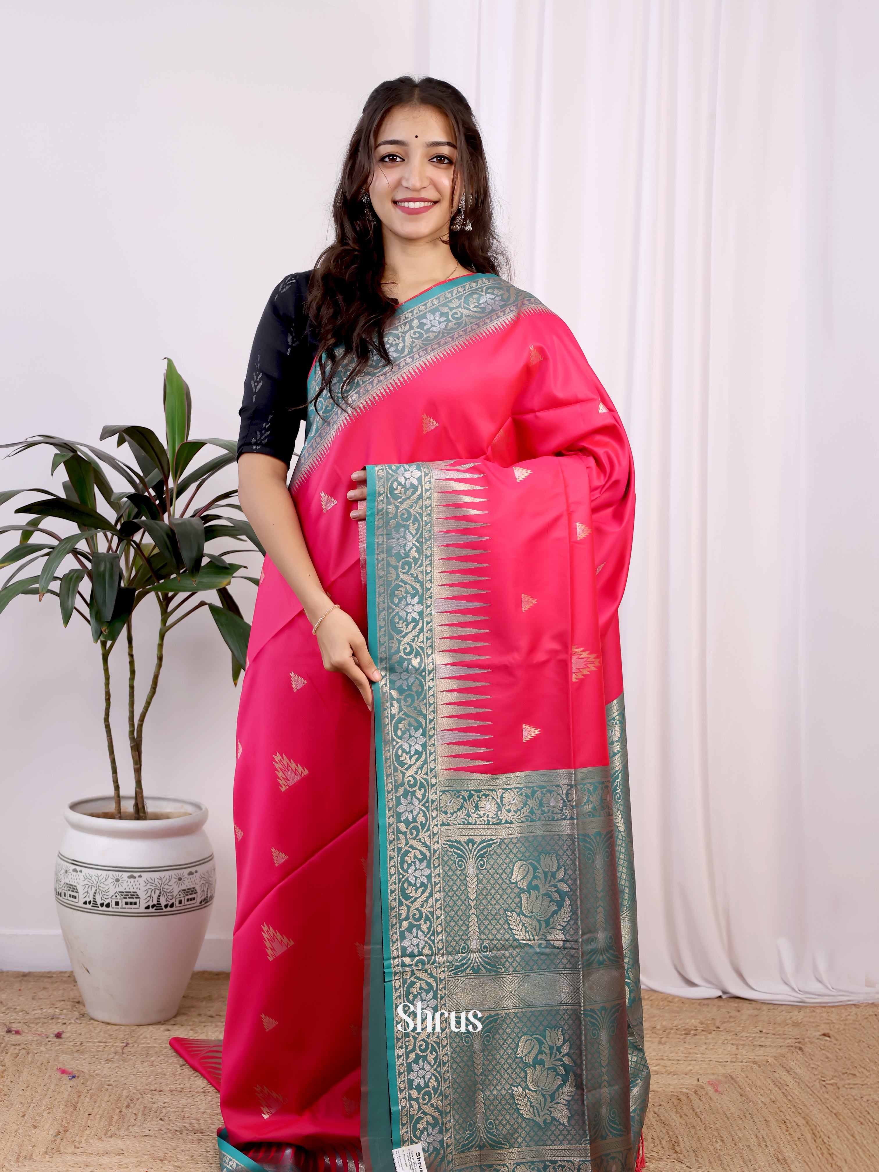 Reddish Pink & Green- Semi Softsilk Saree