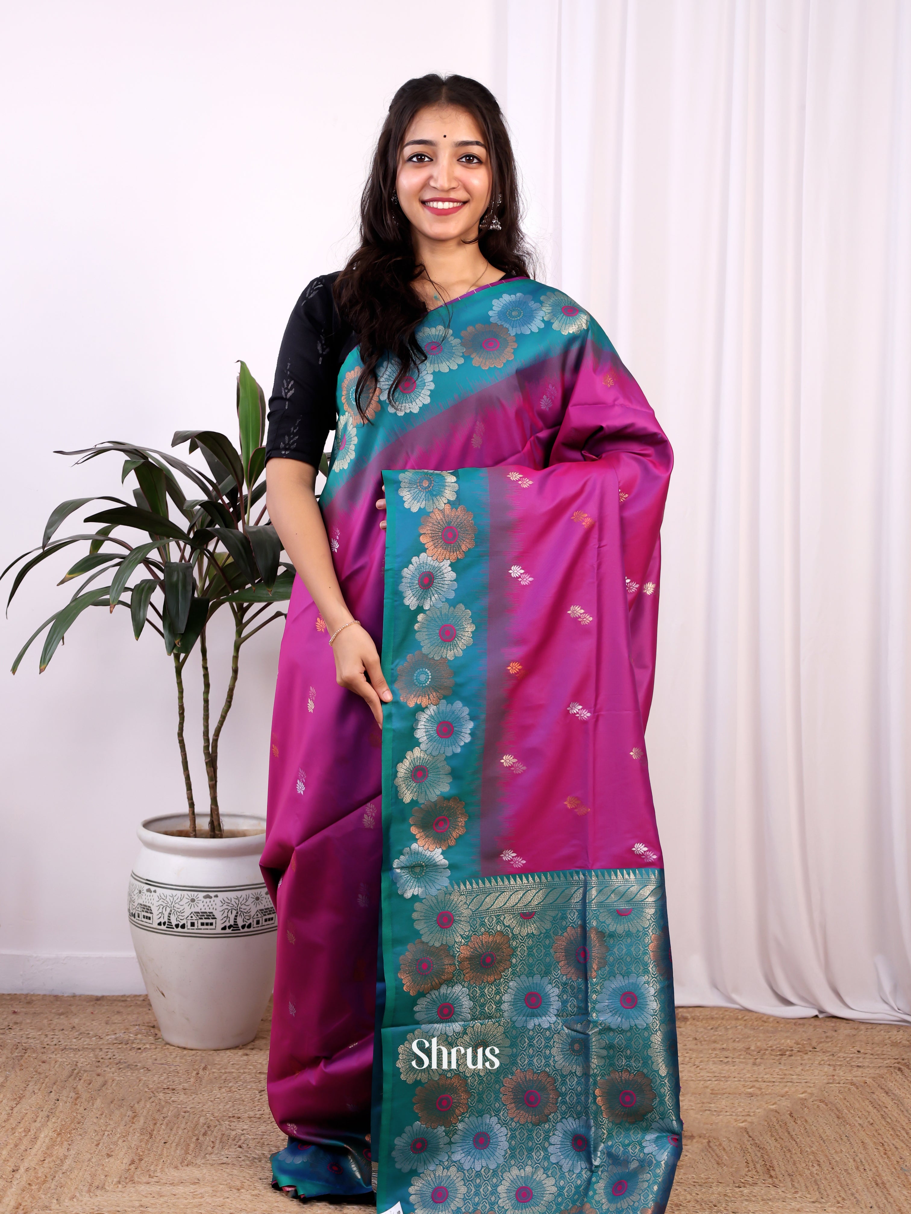 Purple & Teal - Semi Softsilk Saree