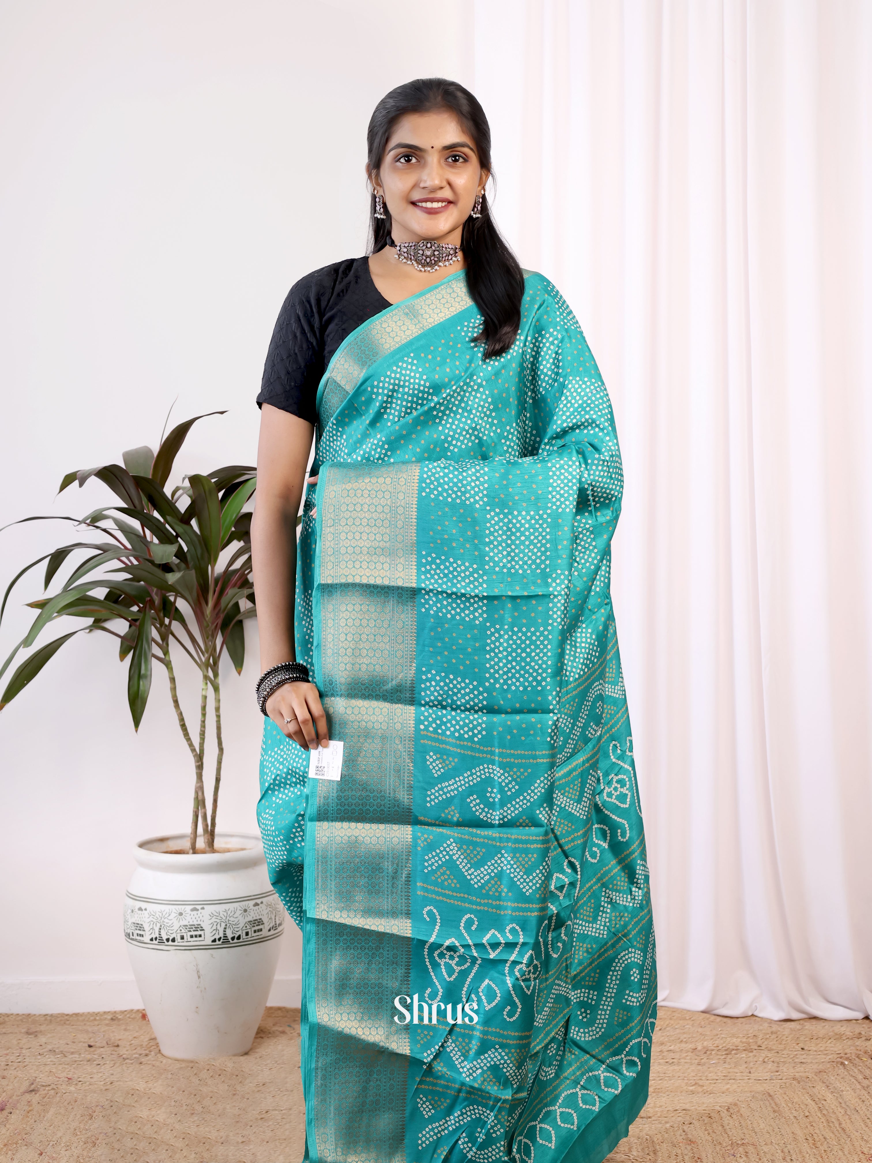 Teal - Semi Crepe Saree