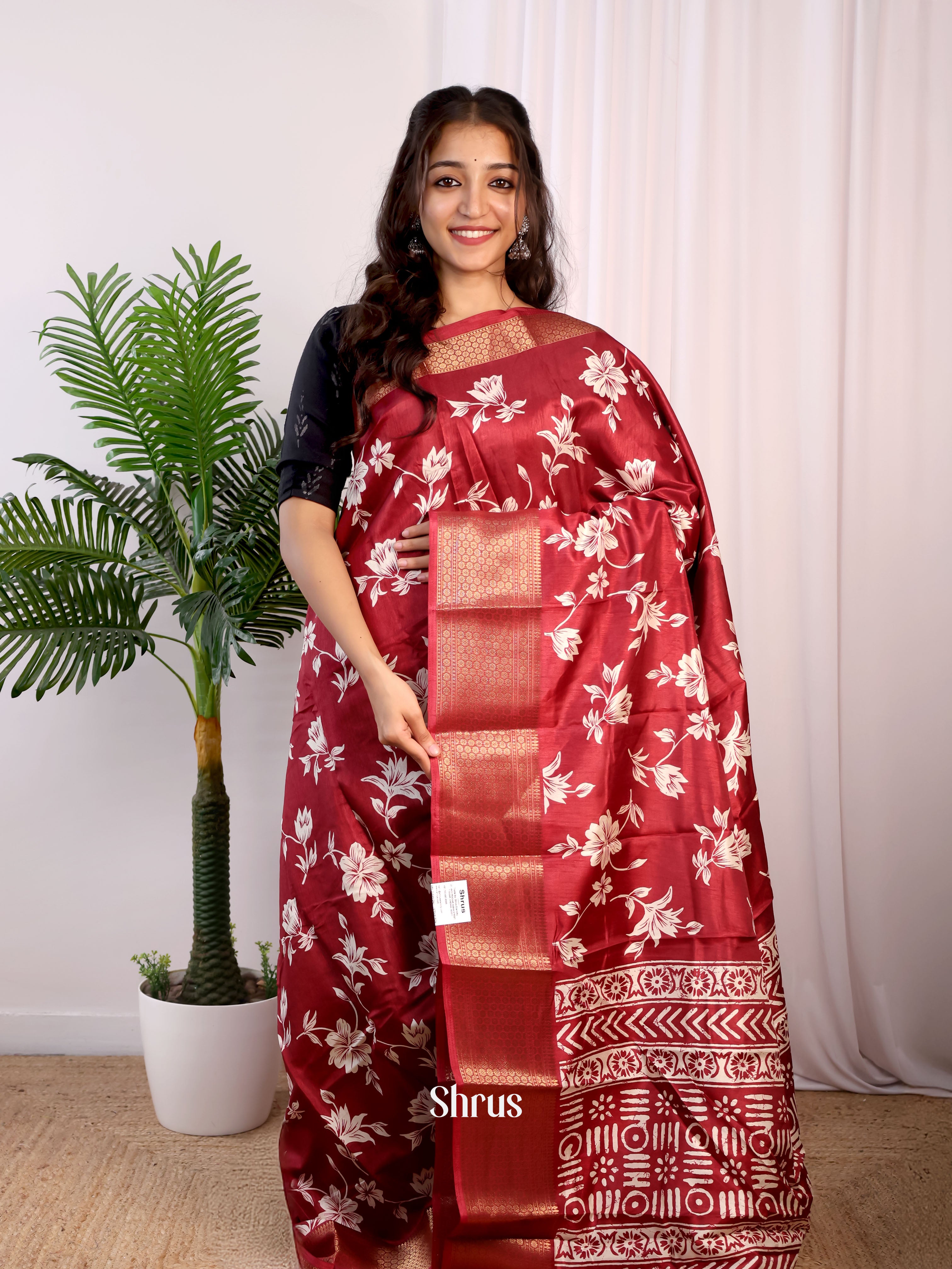 Maroon - Semi Crepe Saree