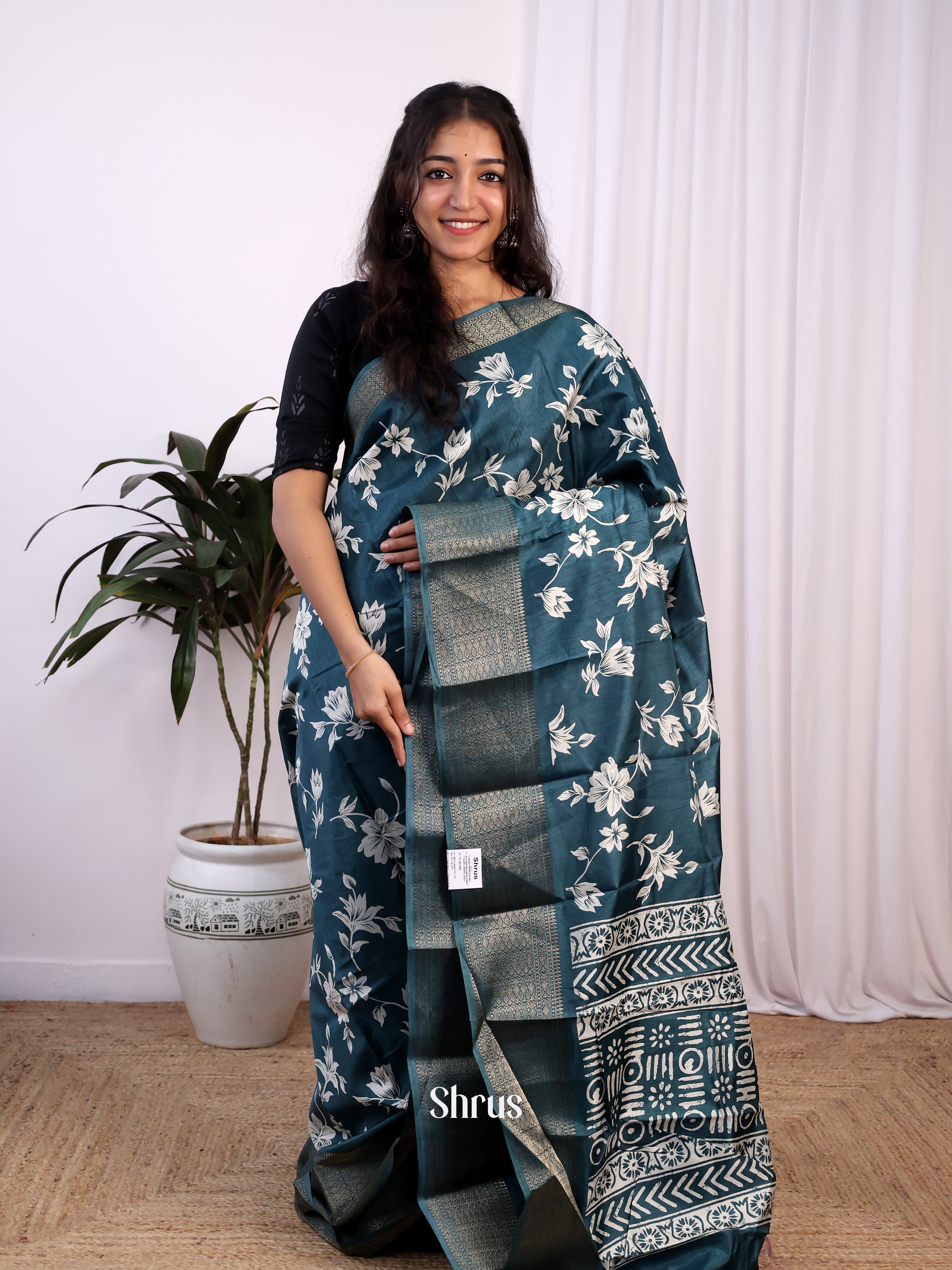 Peacock Blue - Semi Crepe Saree - Shop on Shrus.com