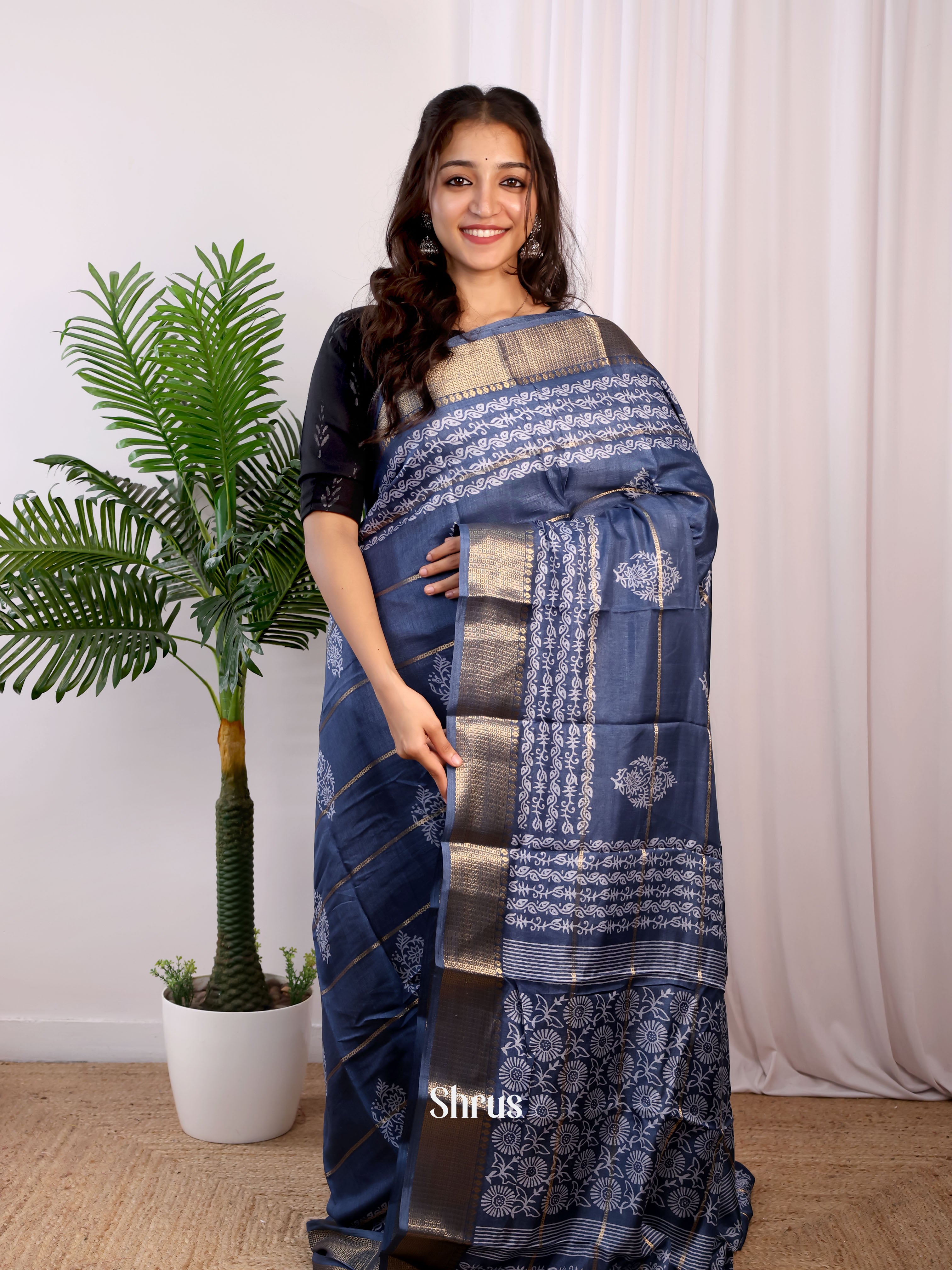 Blue - Semi Crepe Saree