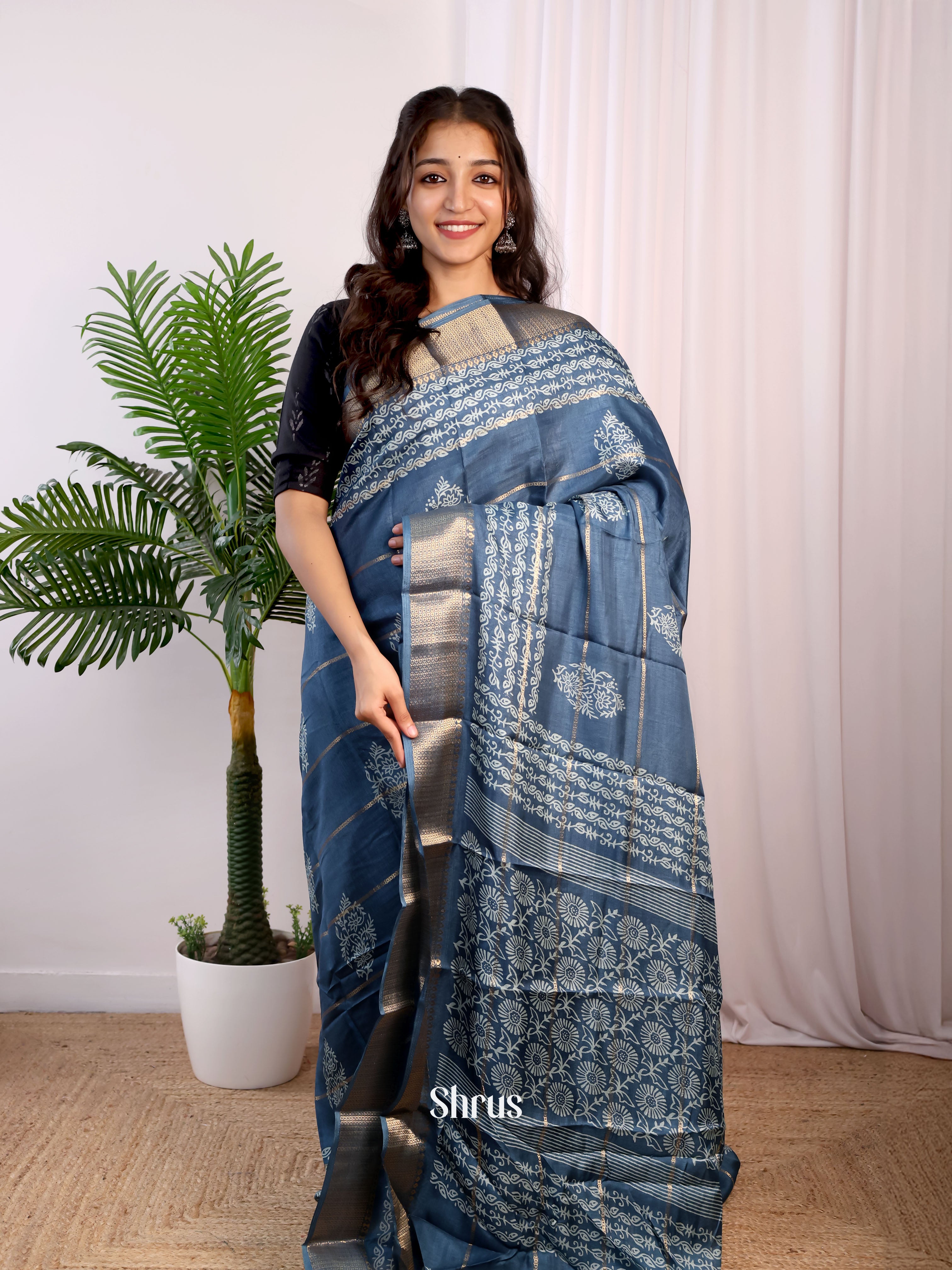 Blue - Semi Crepe Saree