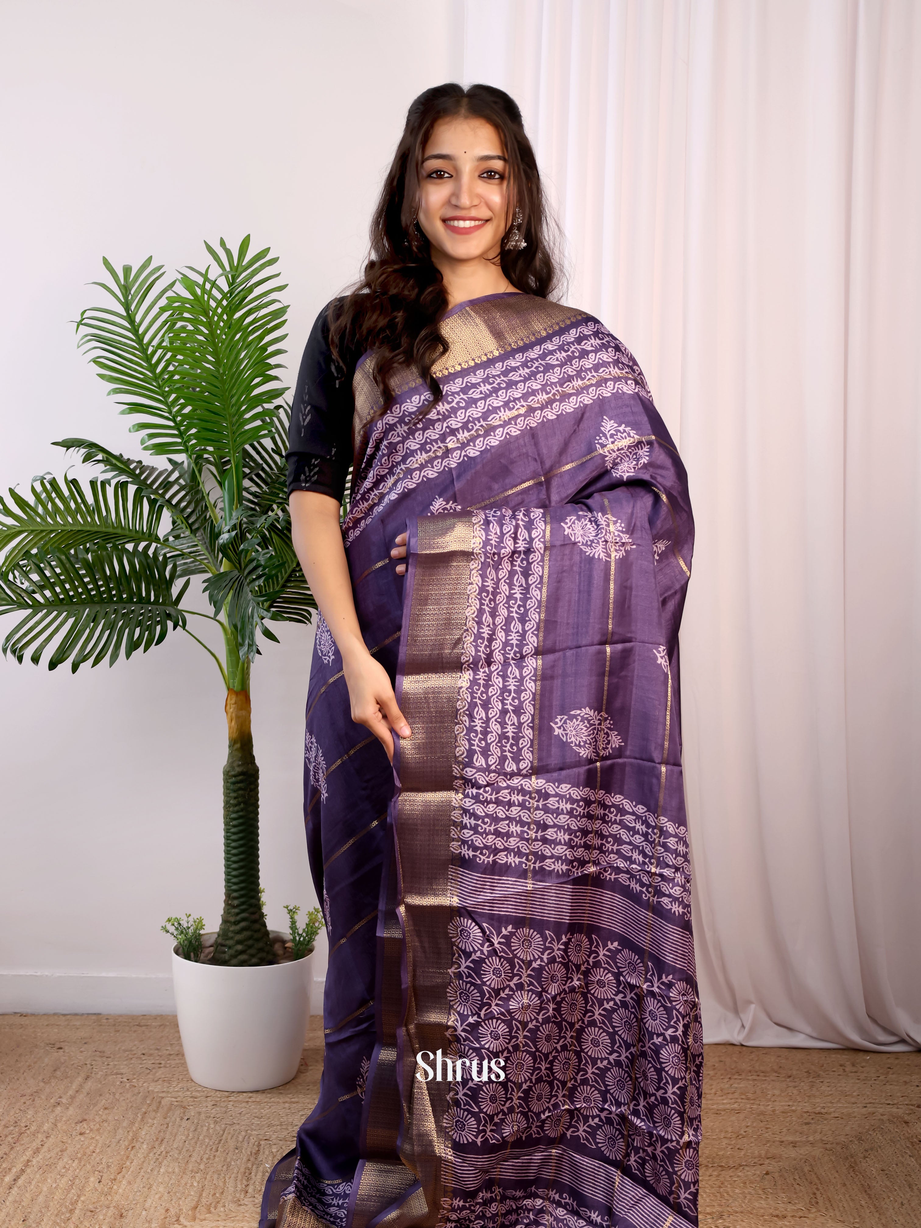 Purple - Semi Crepe Saree