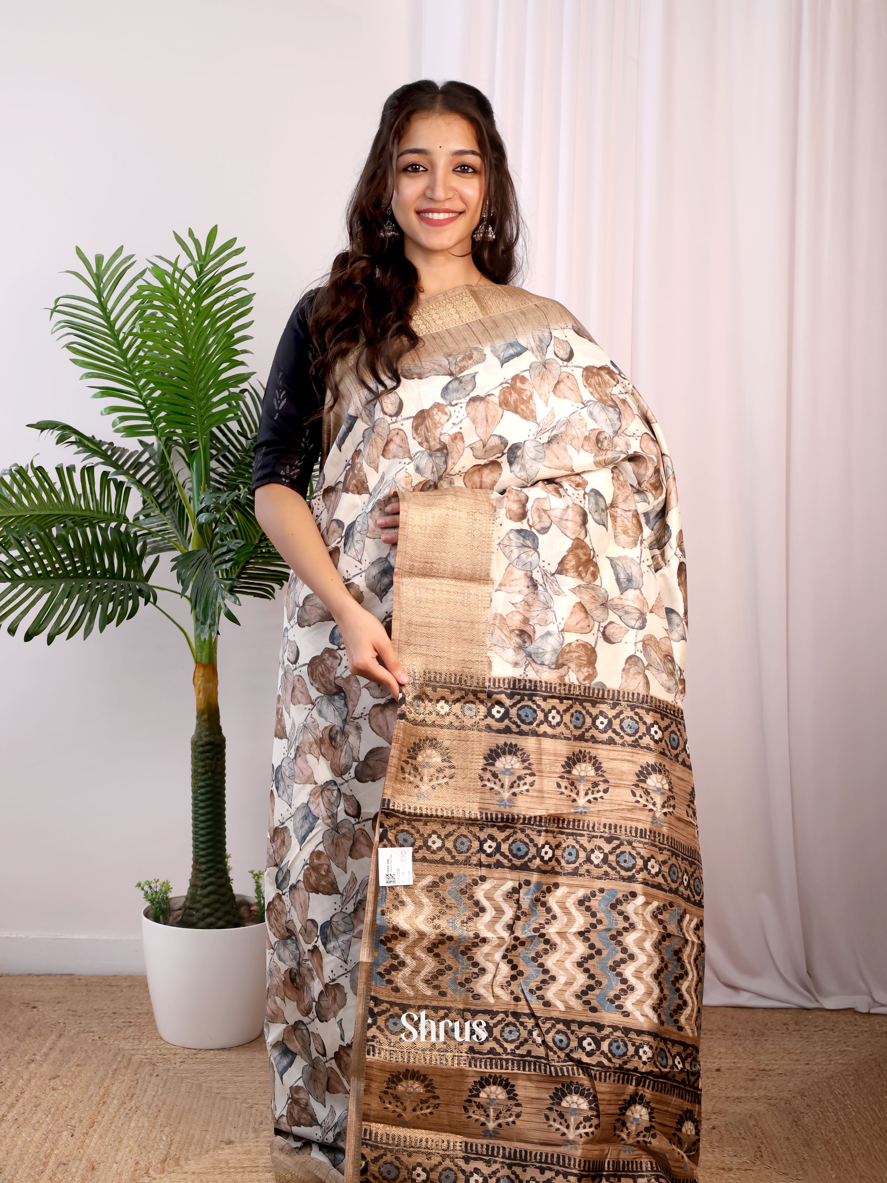 Cream & Brown- Semi Crepe Saree