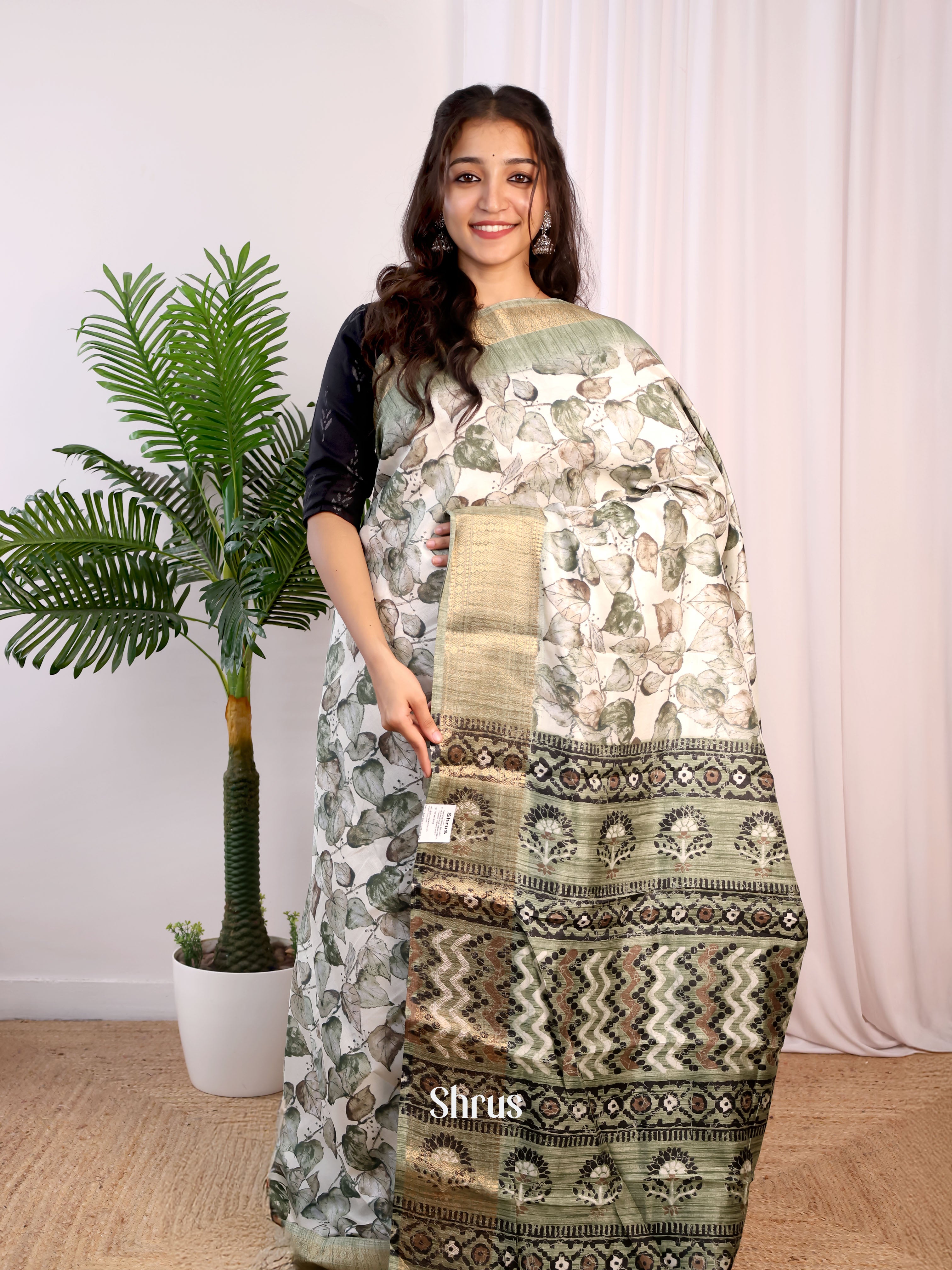 Cream & Green - Semi Crepe Saree