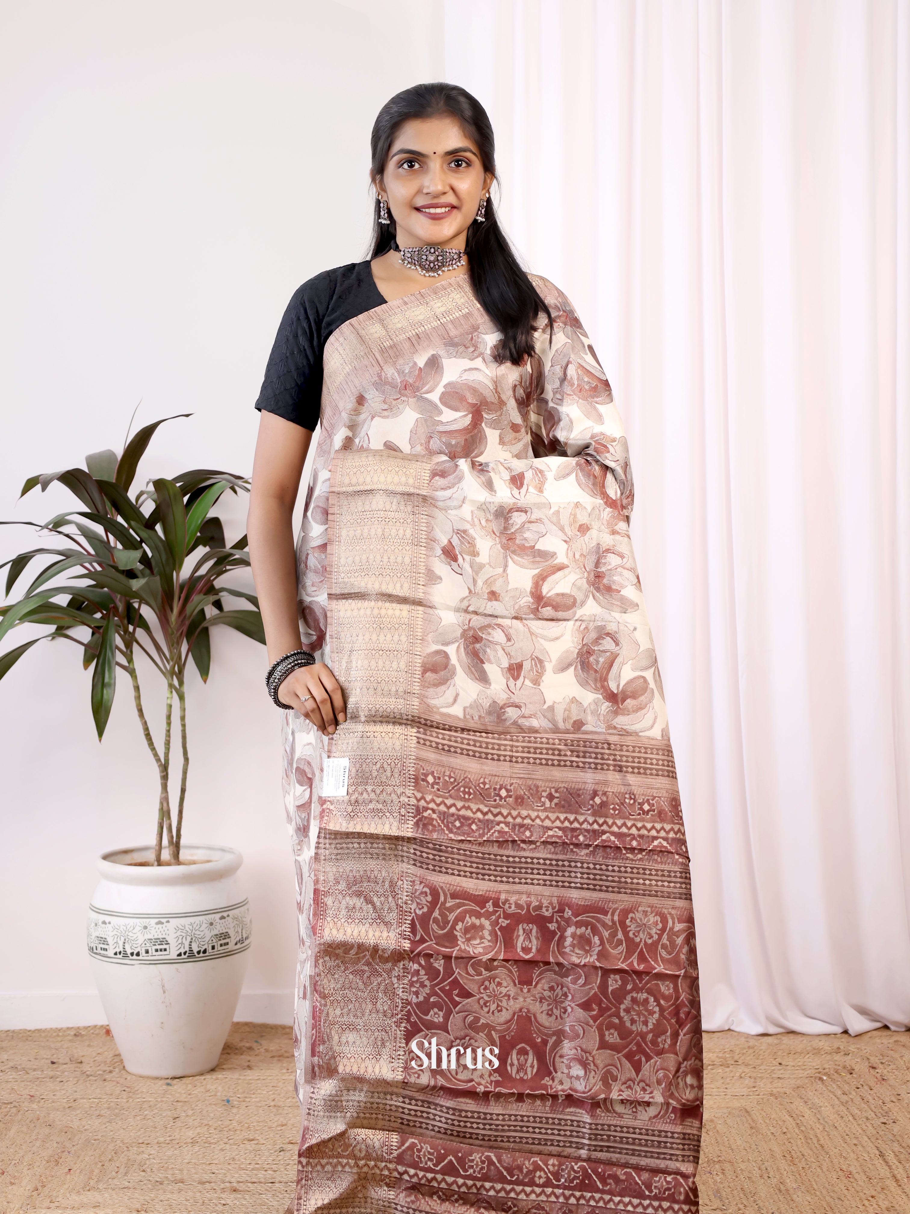 Cream & Brown - Semi Crepe Saree