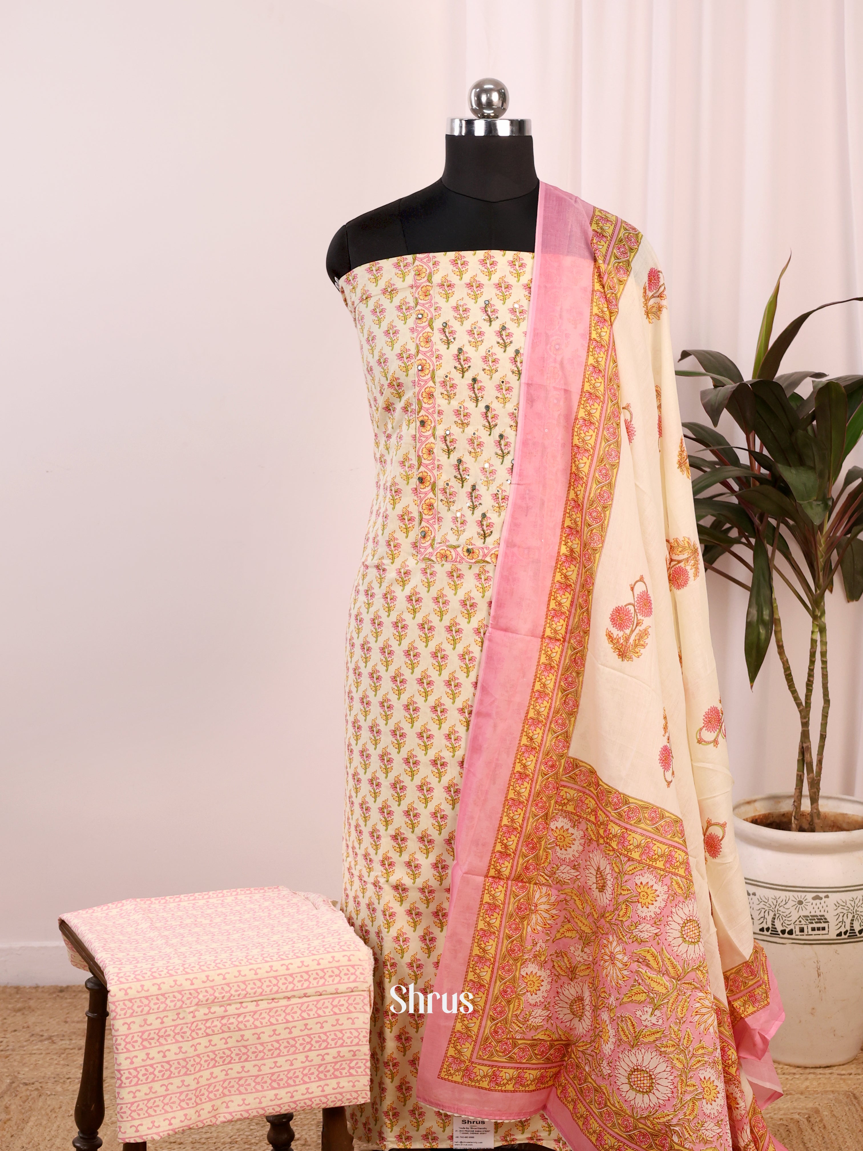 Cream & Pink - Cotton salwar