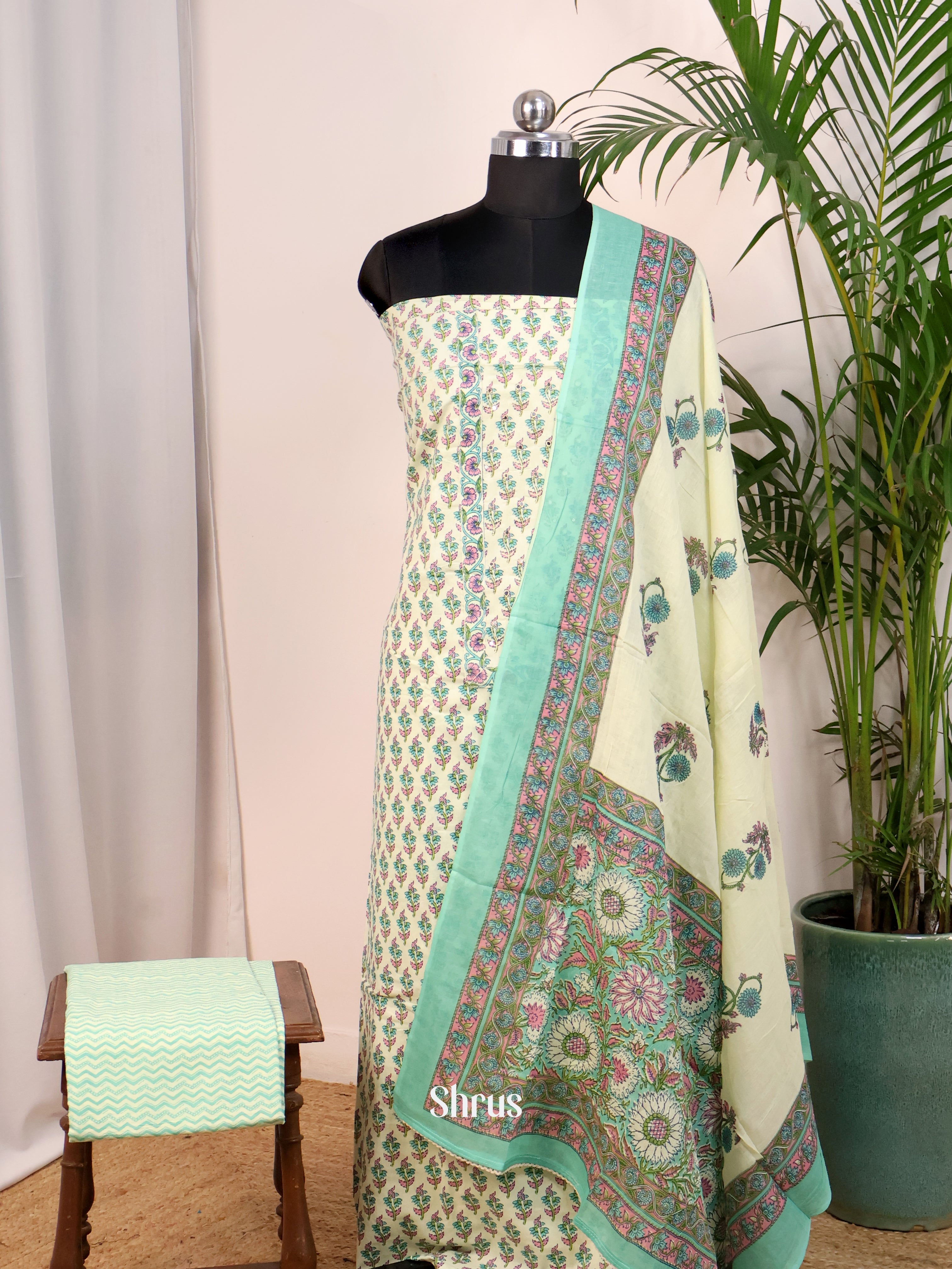 Cream &  Green - Cotton salwar