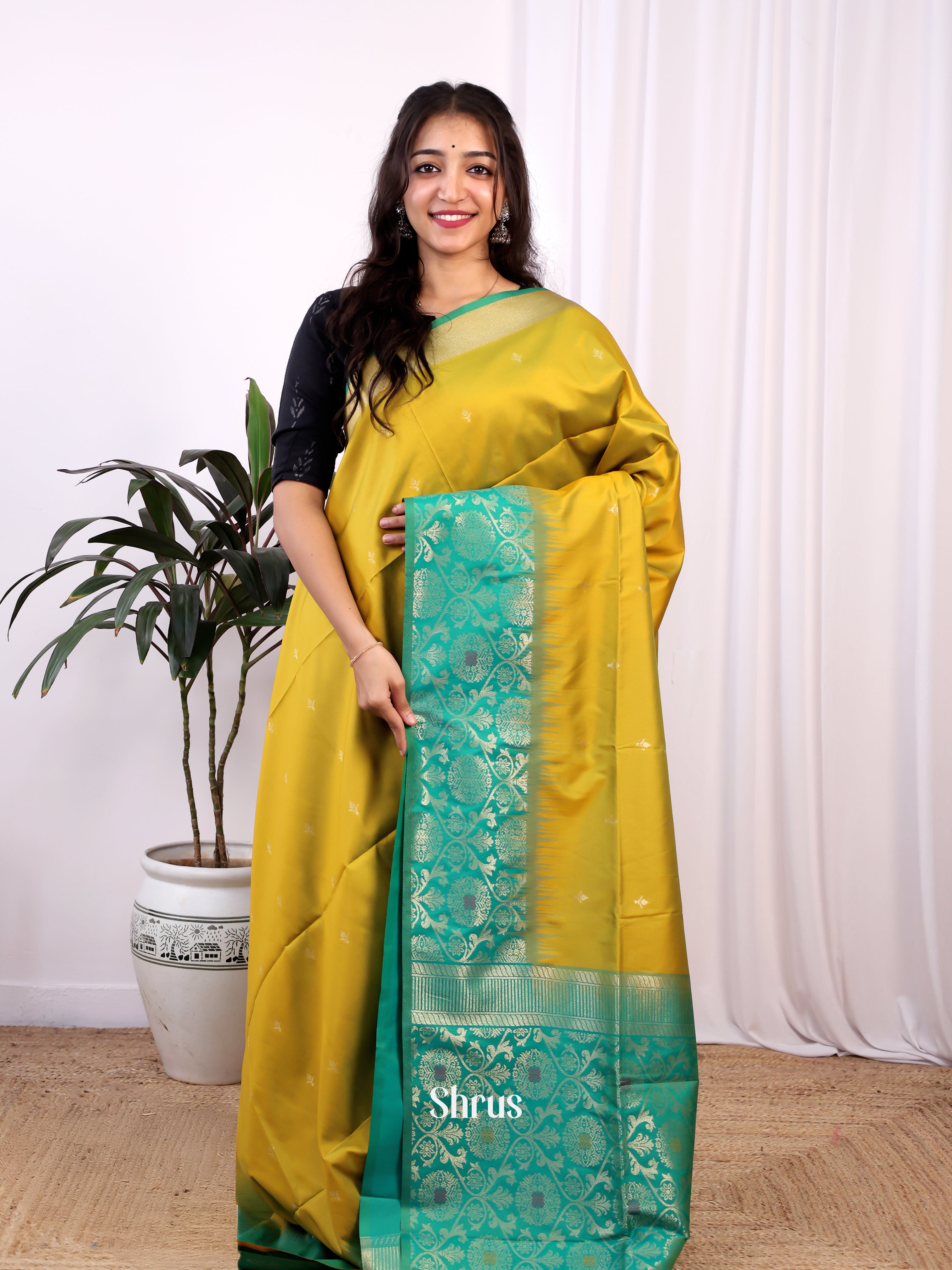 Mustardy Green & Green - Semi Softsilk Saree