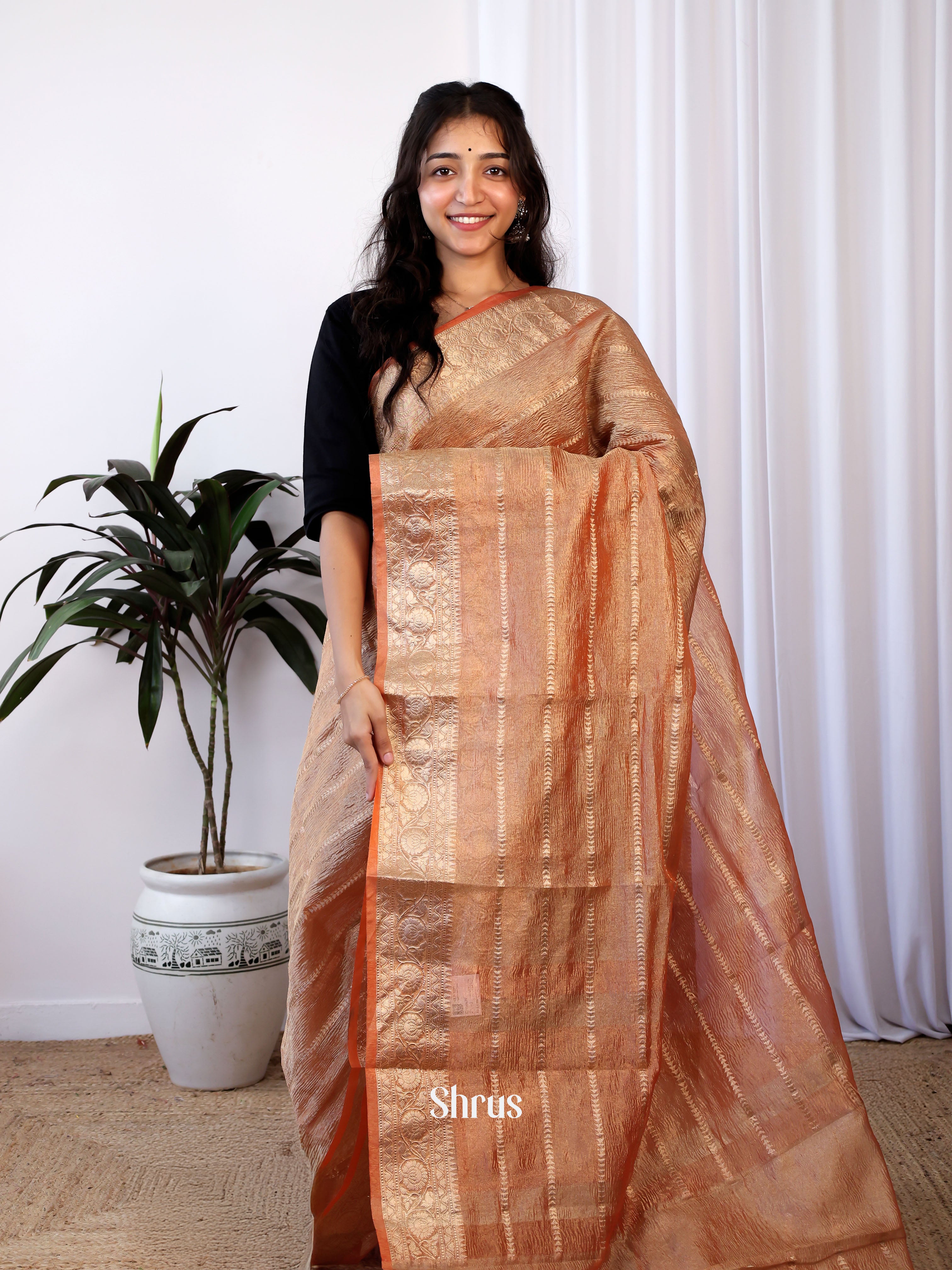 Brick Orange - Bamboo silk Saree