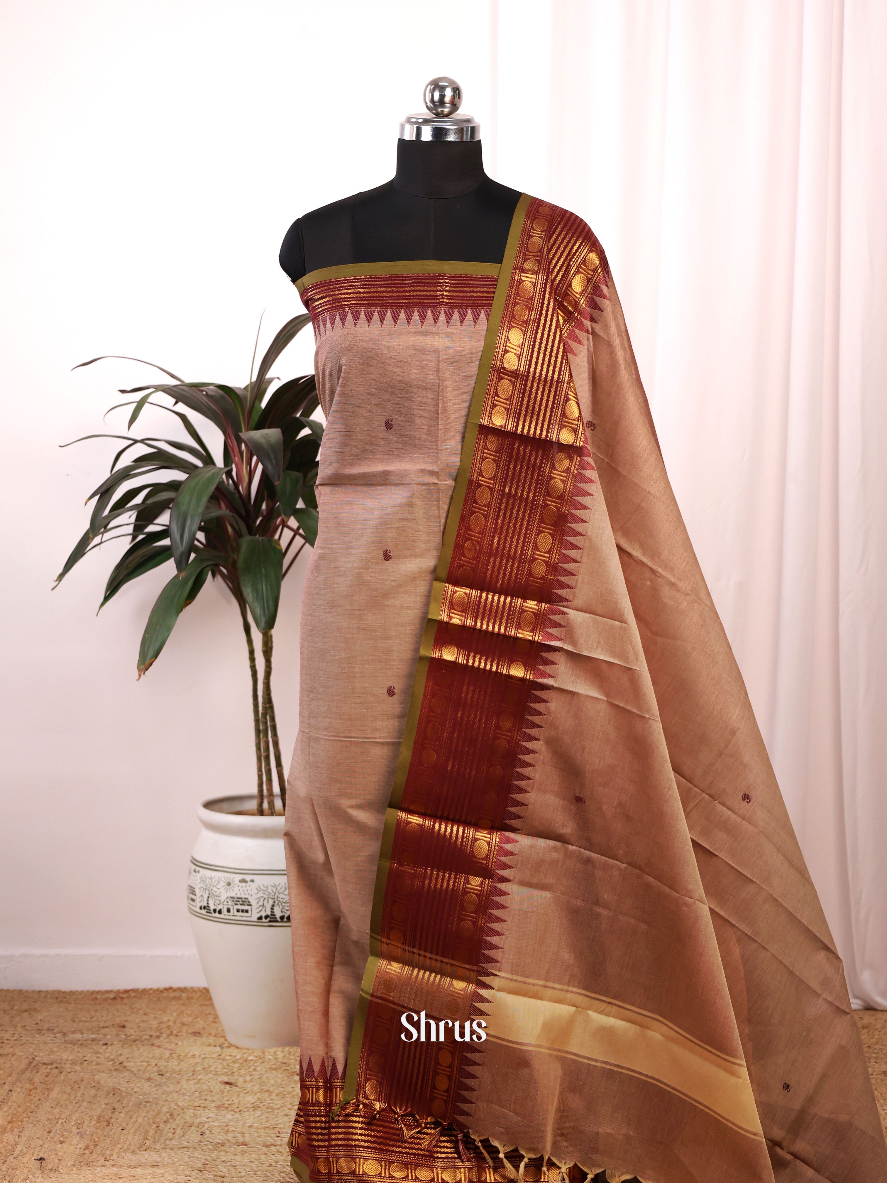 Brown & Green - chettinad top & dupatta combo