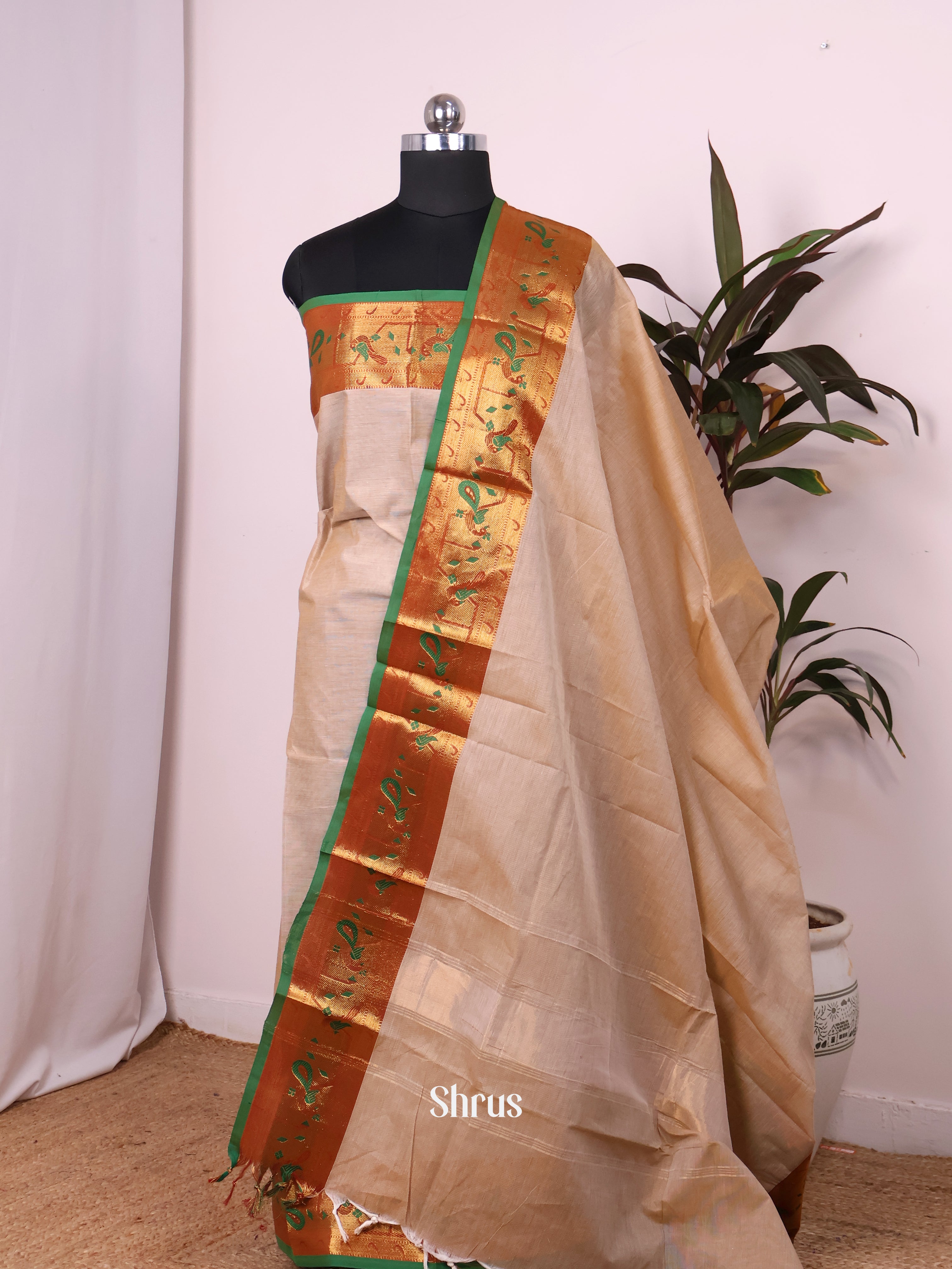 Cream & Green- chettinad top & dupatta combo