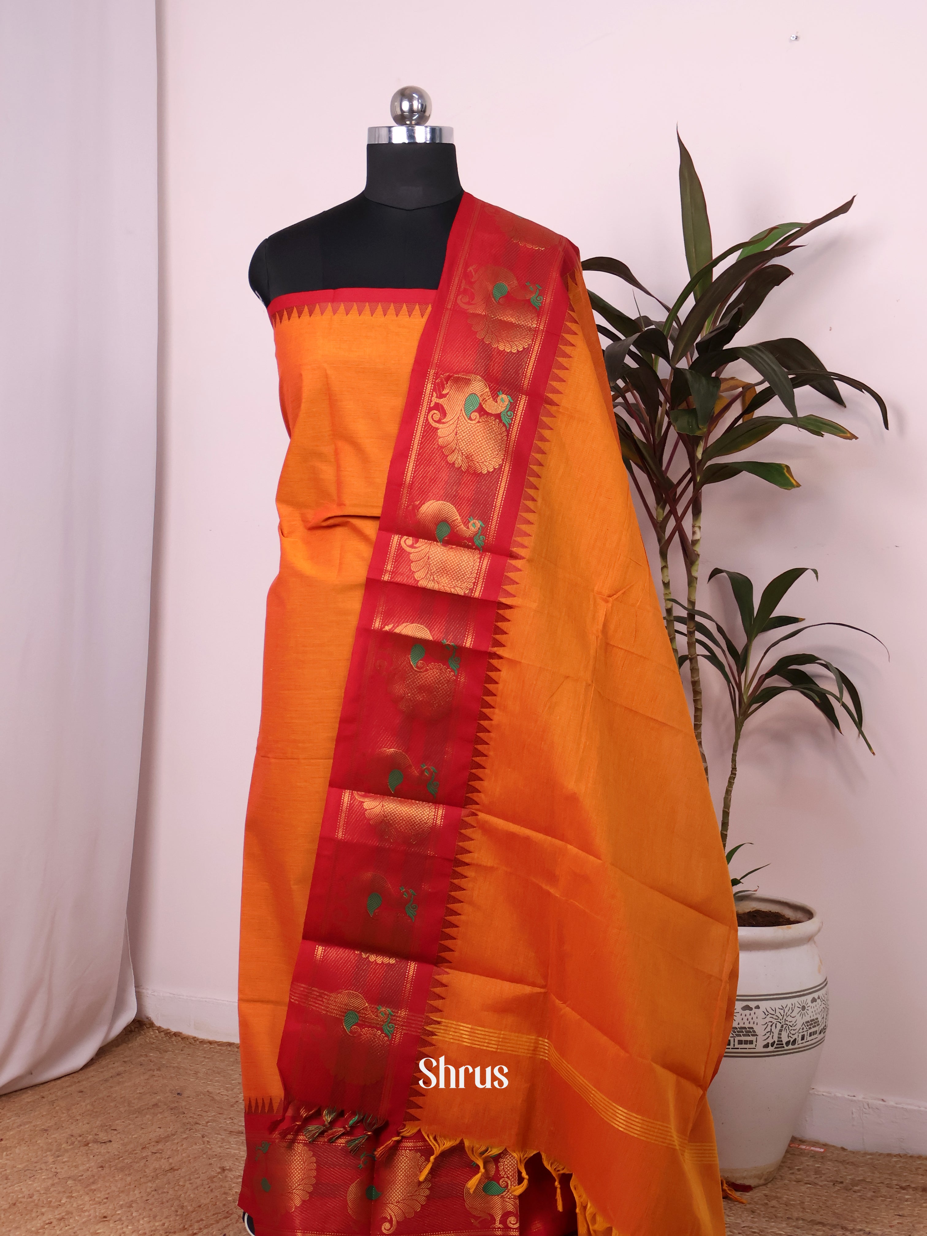 Orange &  Red - chettinad top & dupatta combo