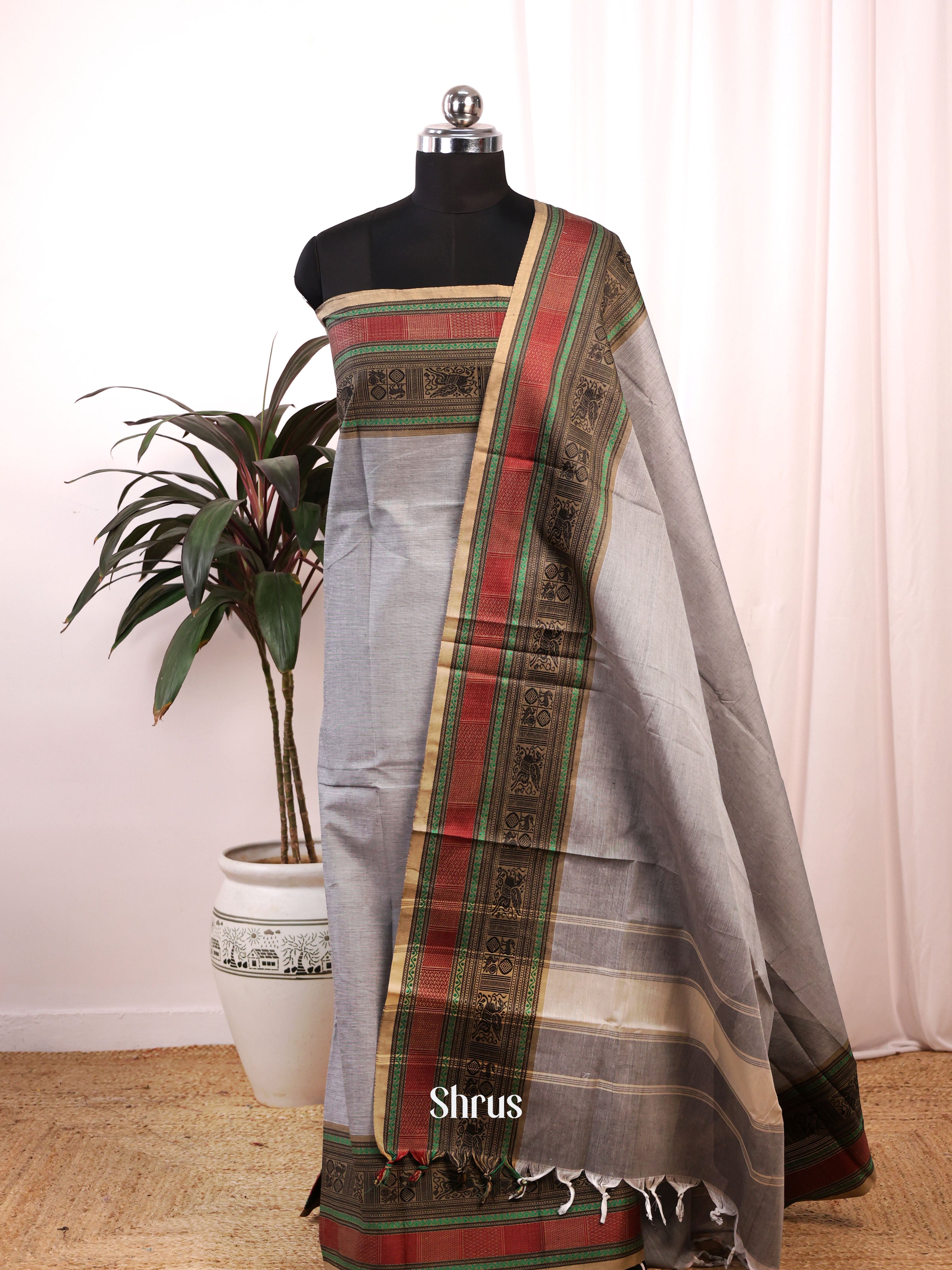 Grey & Black - chettinad top & dupatta combo