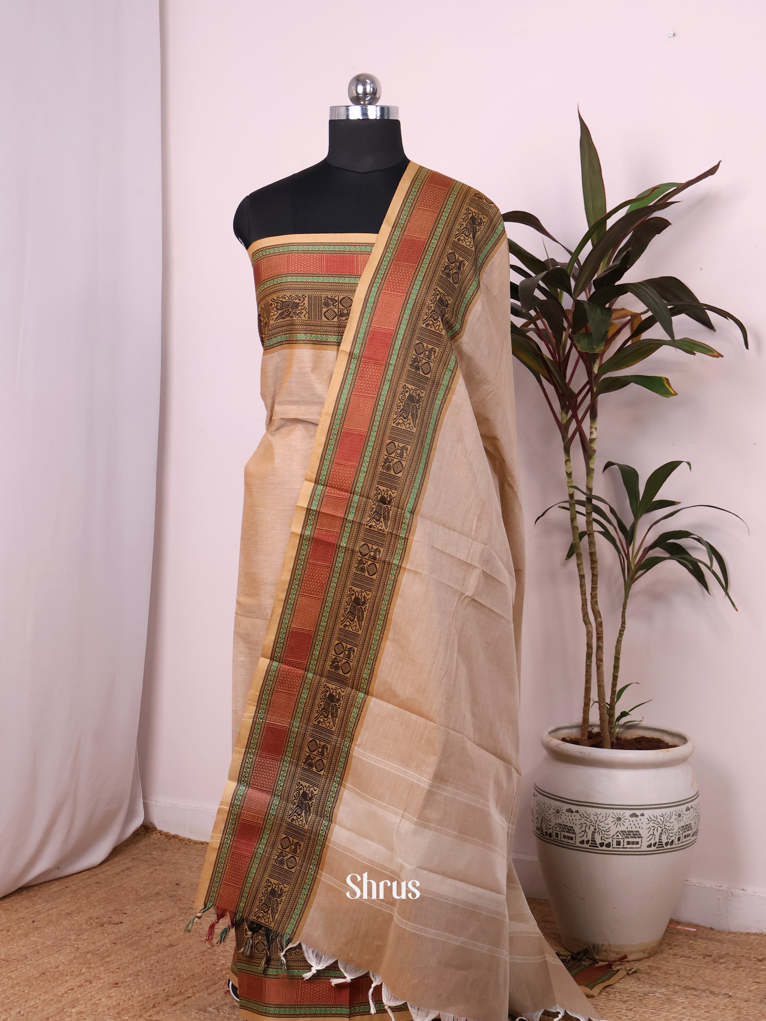 Cream & Black - chettinad top & dupatta combo