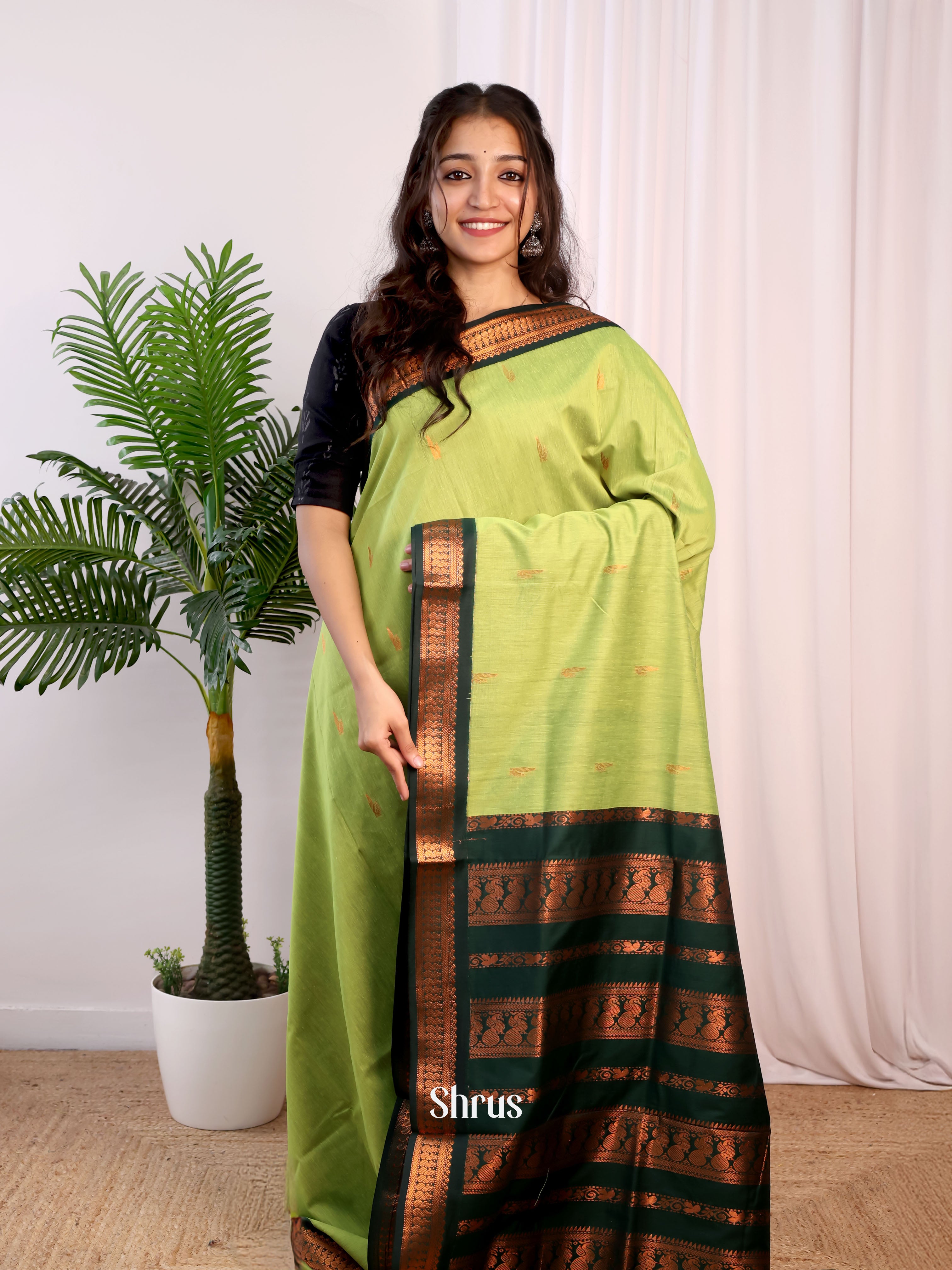 Lite Green & Green - Kalyani Cotton Saree - Shop on Shrus.com