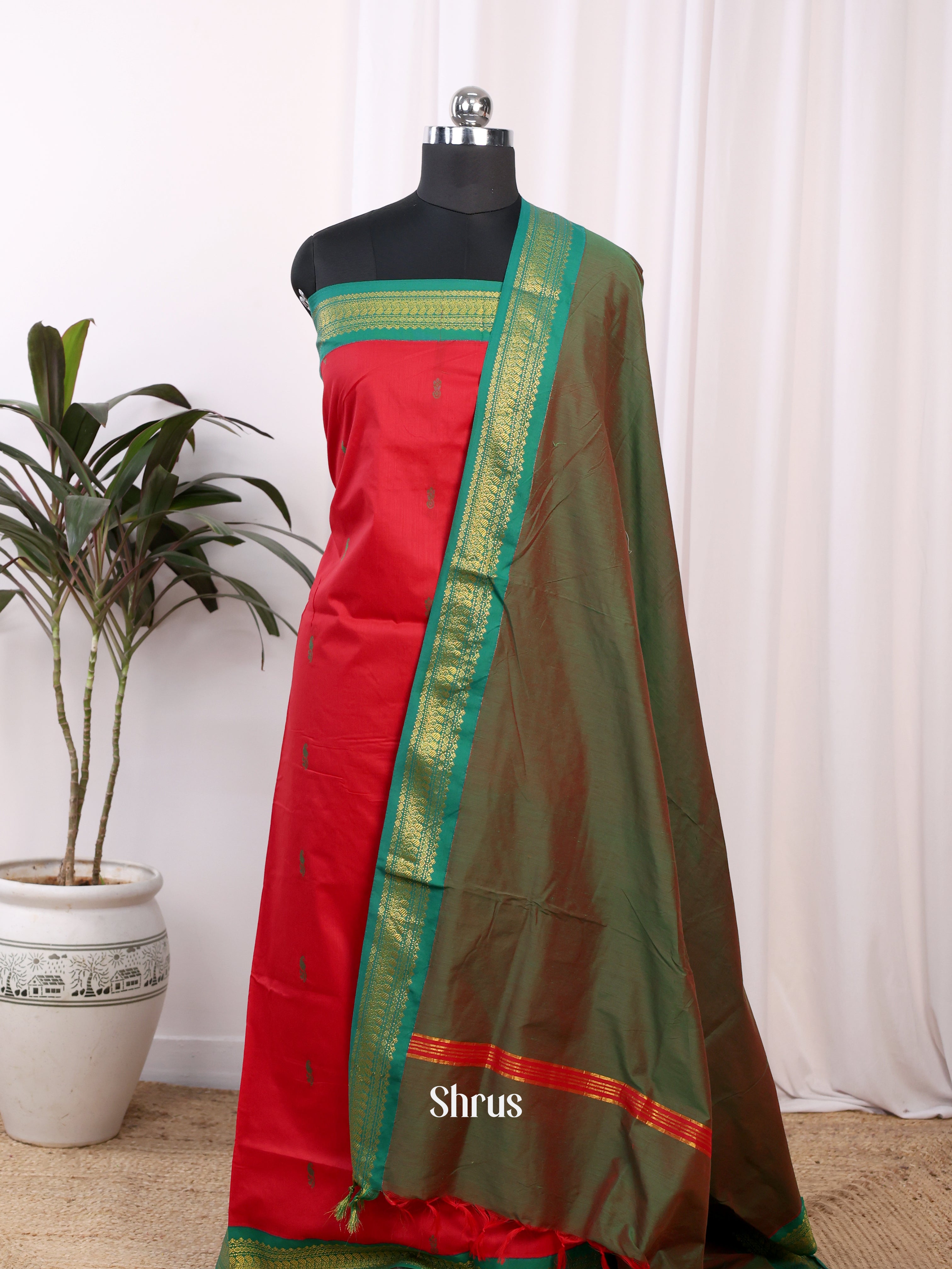 Red & Green - Kalyani Cotton salwar unstitch