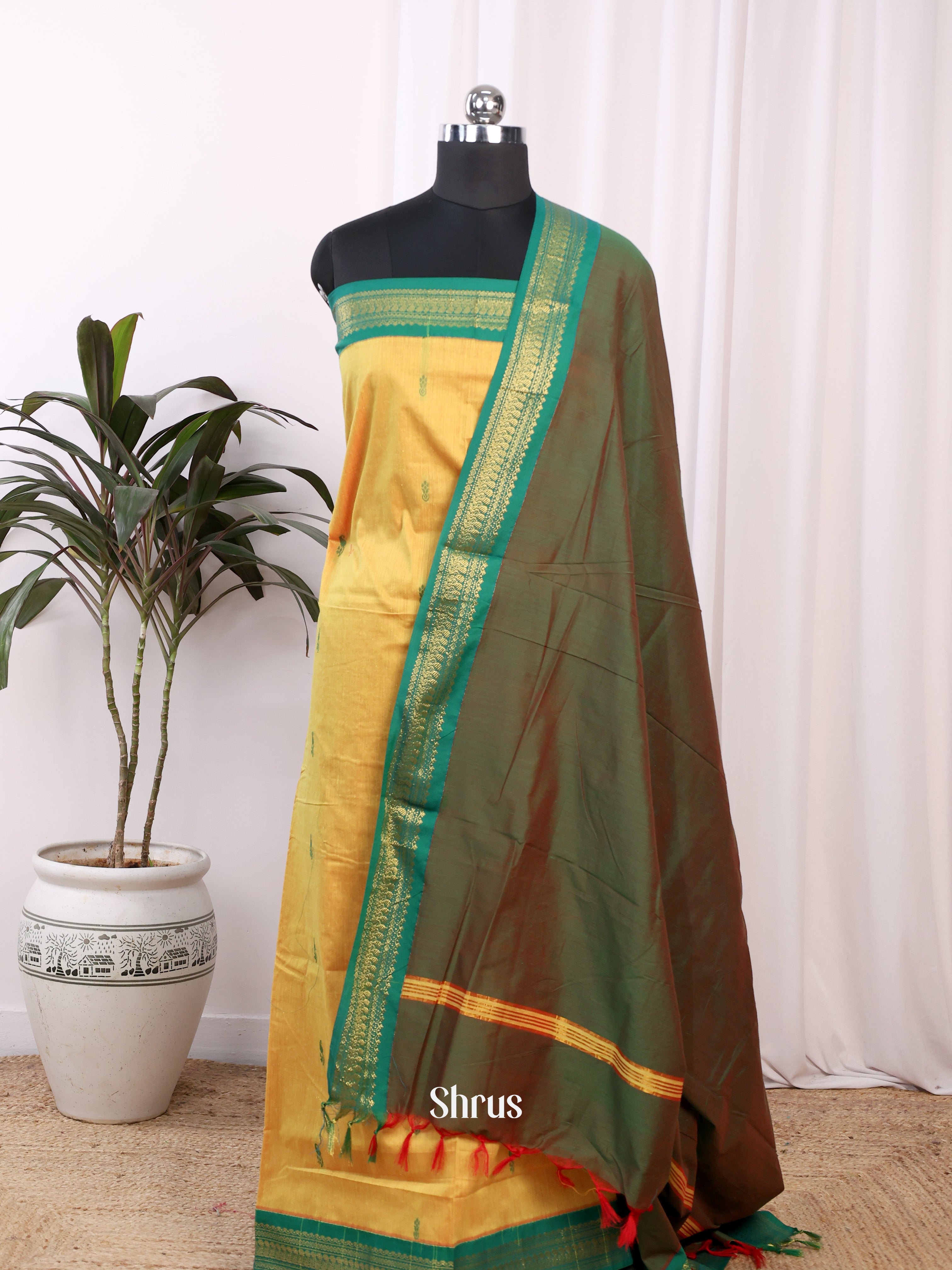 Yellow & Green- Kalyani Cotton salwar unstitch