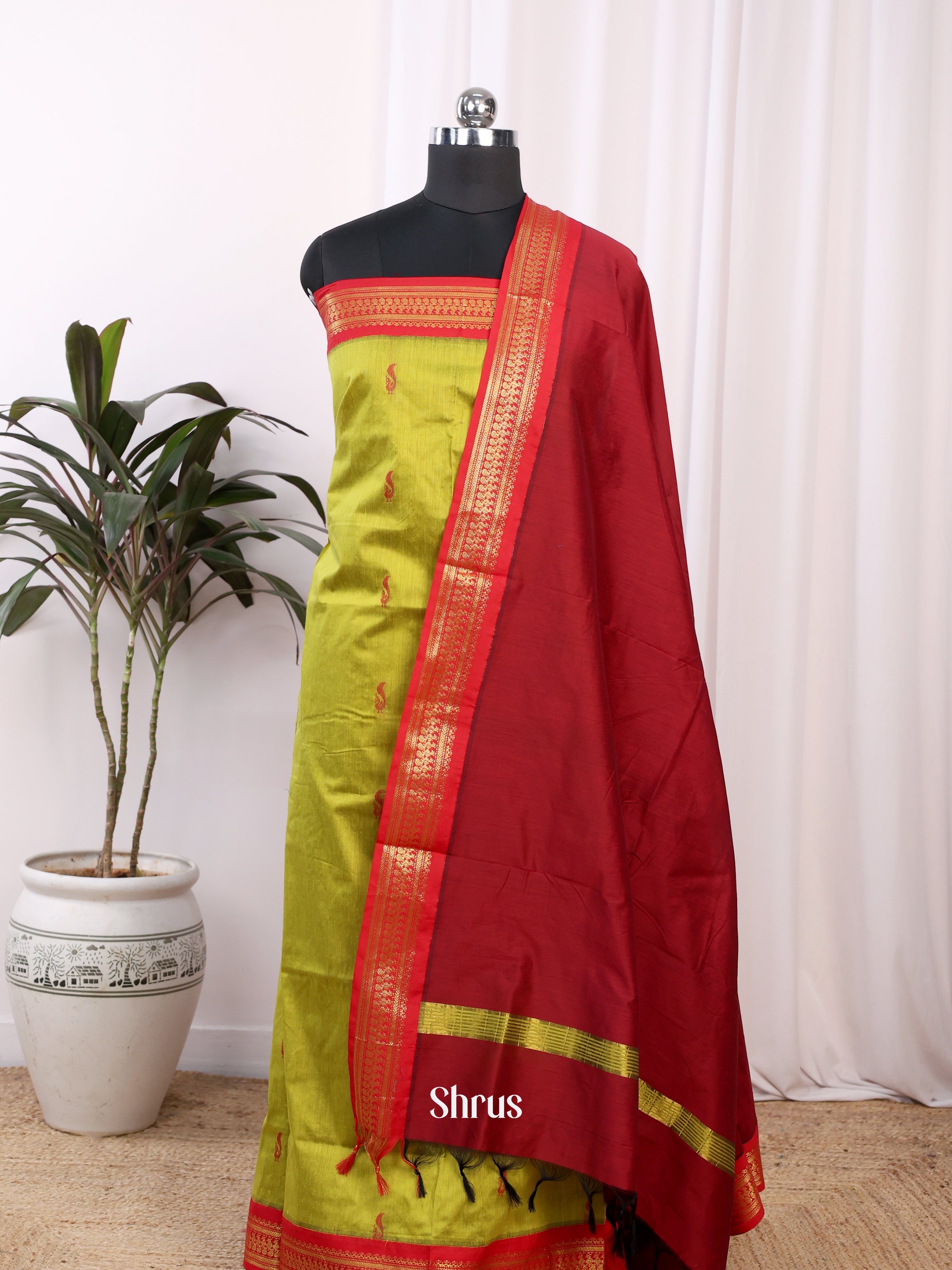 Lite Green & Maroon- Kalyani Cotton salwar unstitch