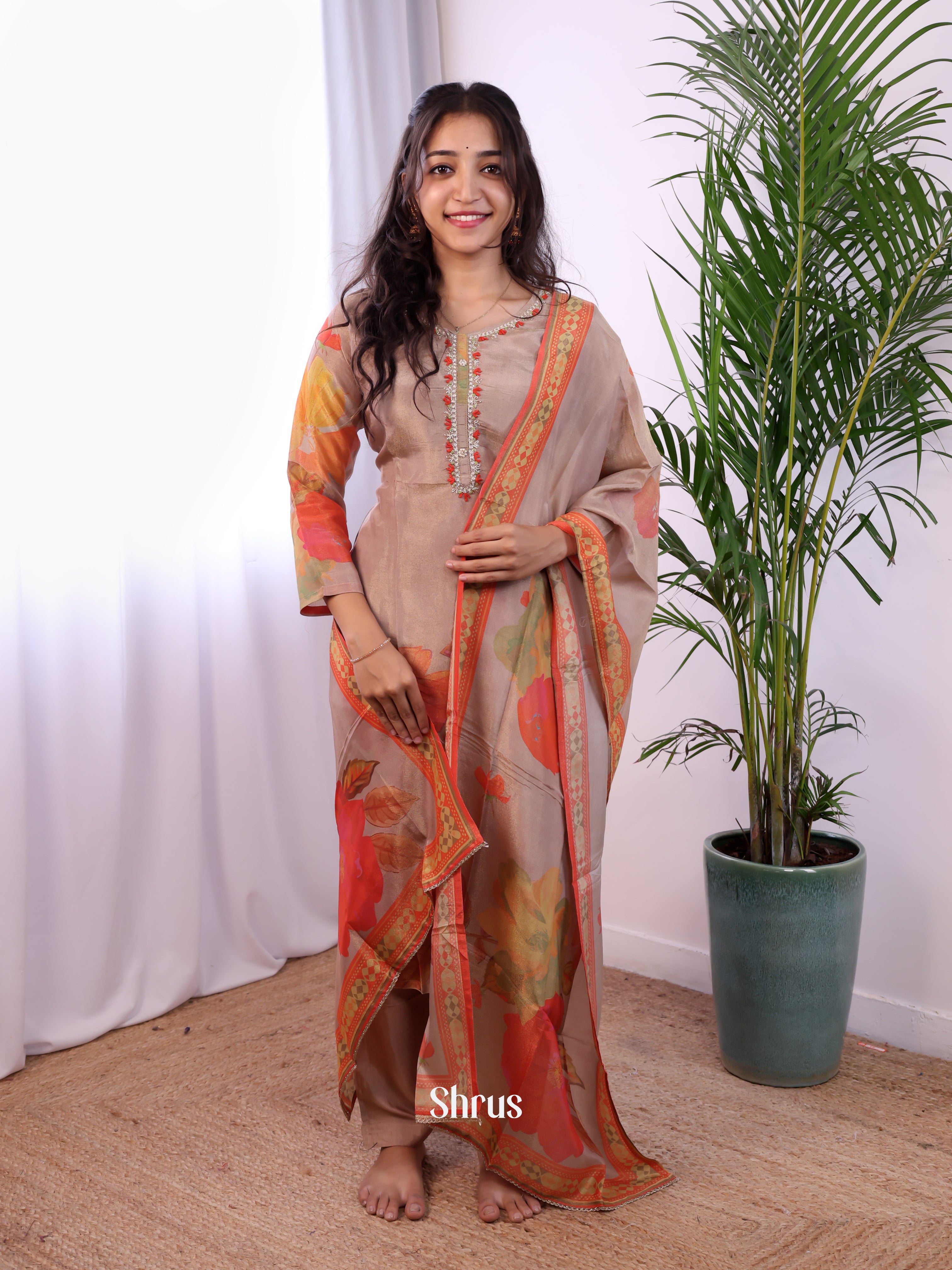 Brown & Orange - 3pc Digital printed Readymade Suits