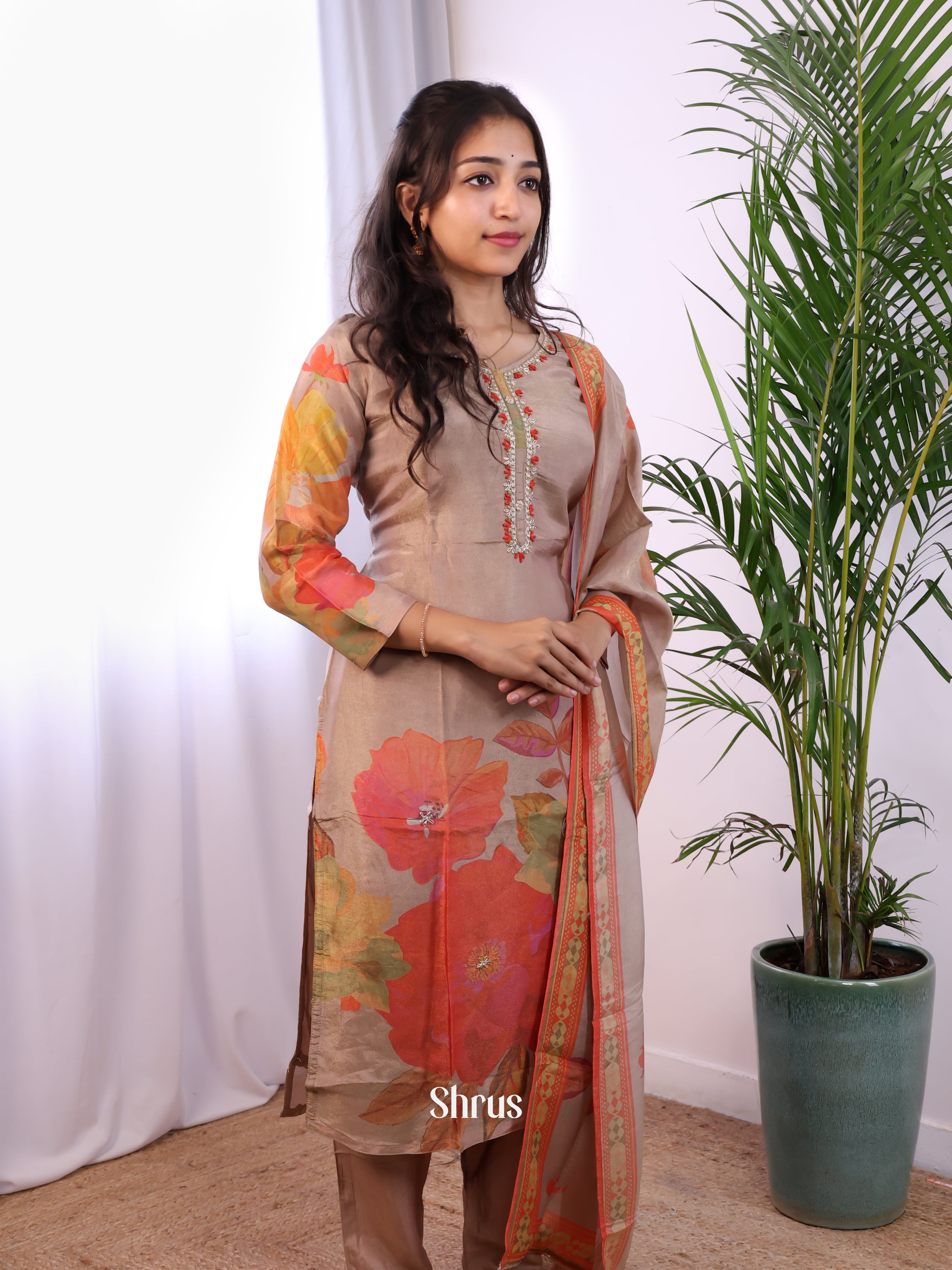 Brown & Orange - 3pc Digital printed Readymade Suits