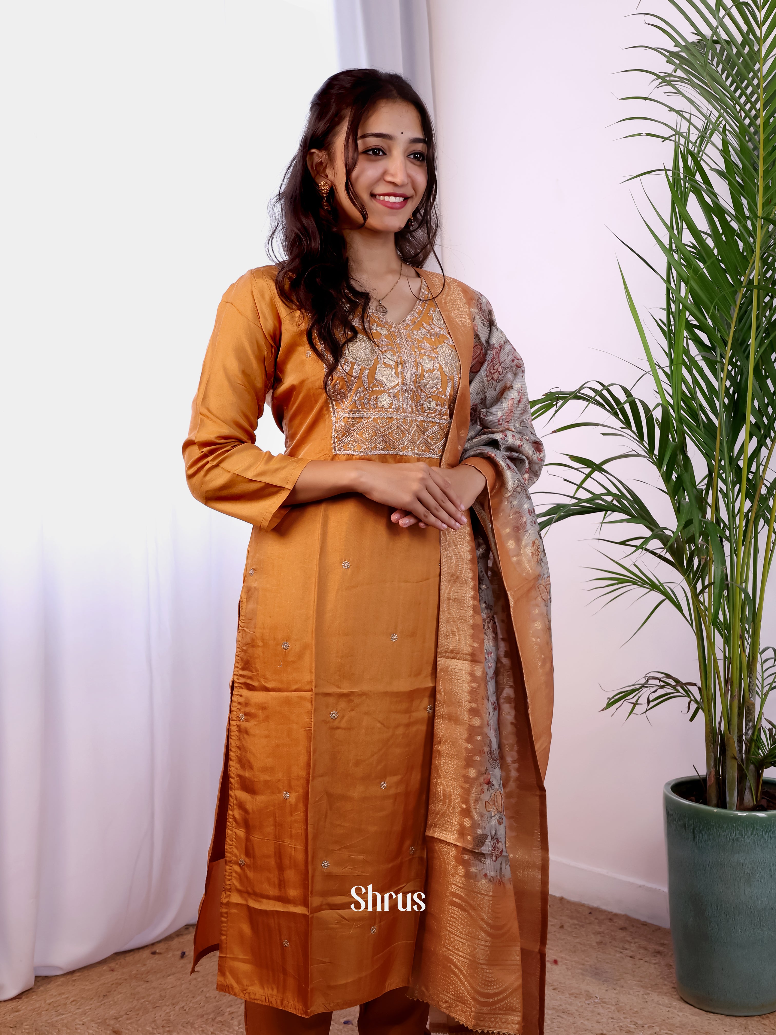 Brown & Grey - 3pc sequin embroidery Readymade Suits