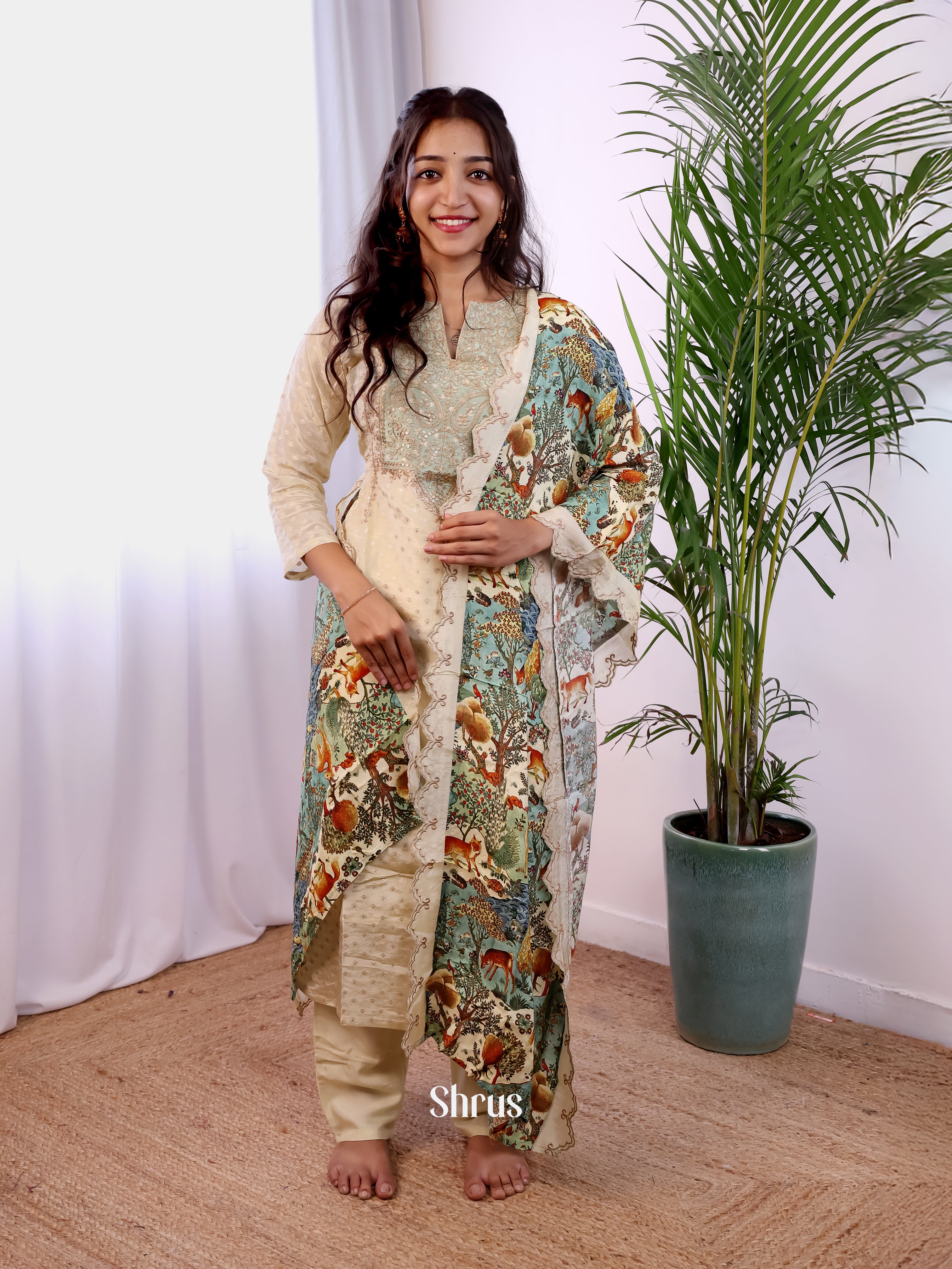 Cream & Green-3pc  Readymade Suits