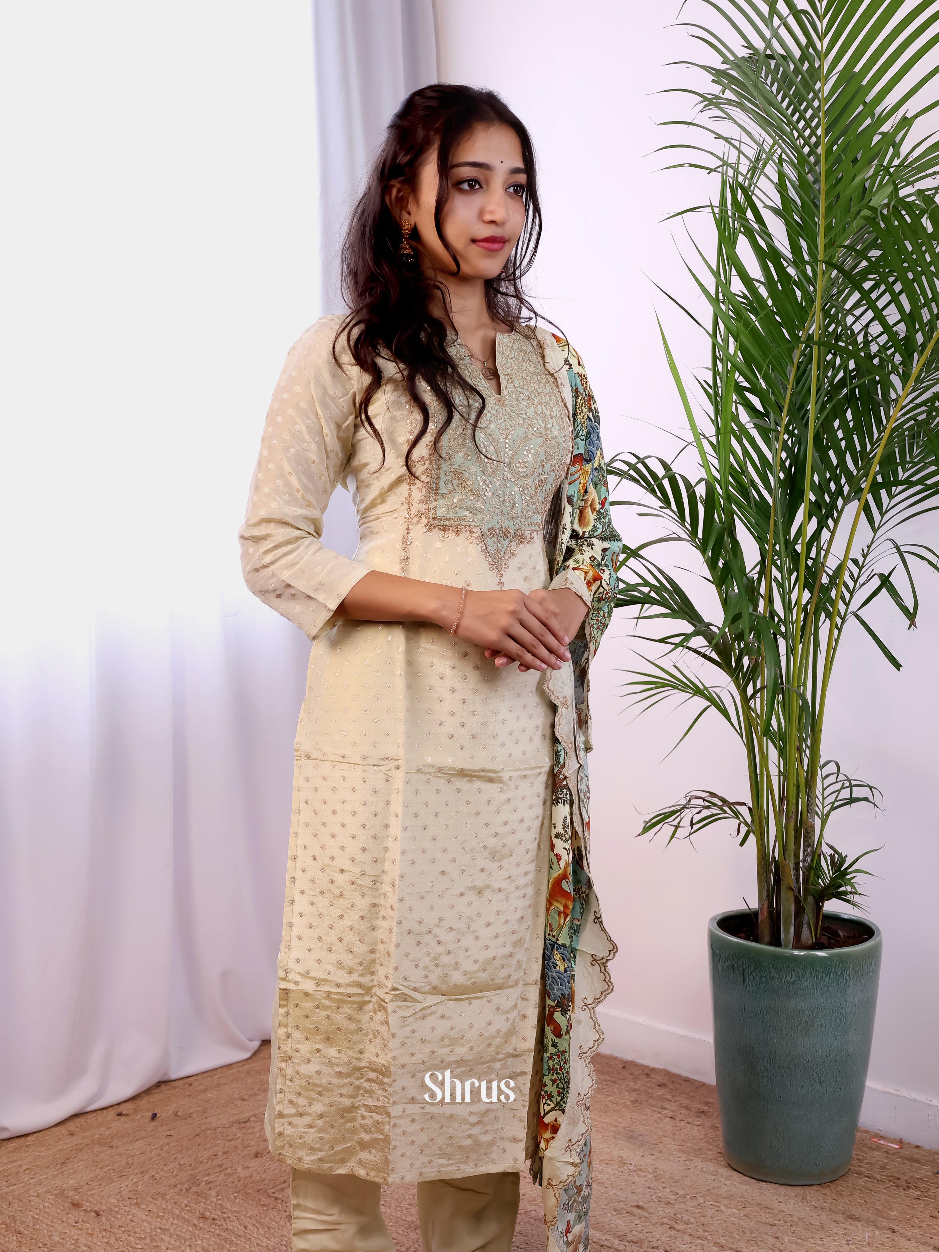 Cream & Green-3pc  Readymade Suits