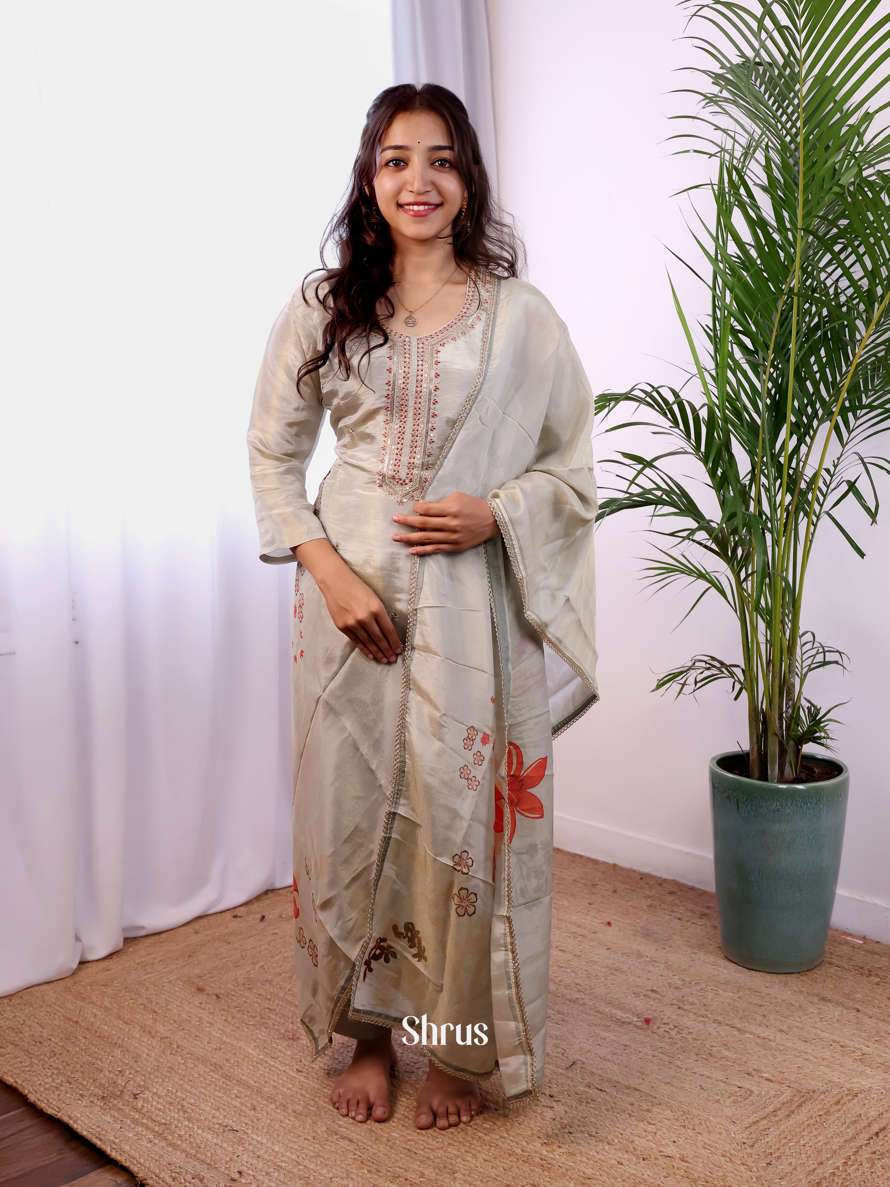 Cream -3pc Tissue  Readymade Suits