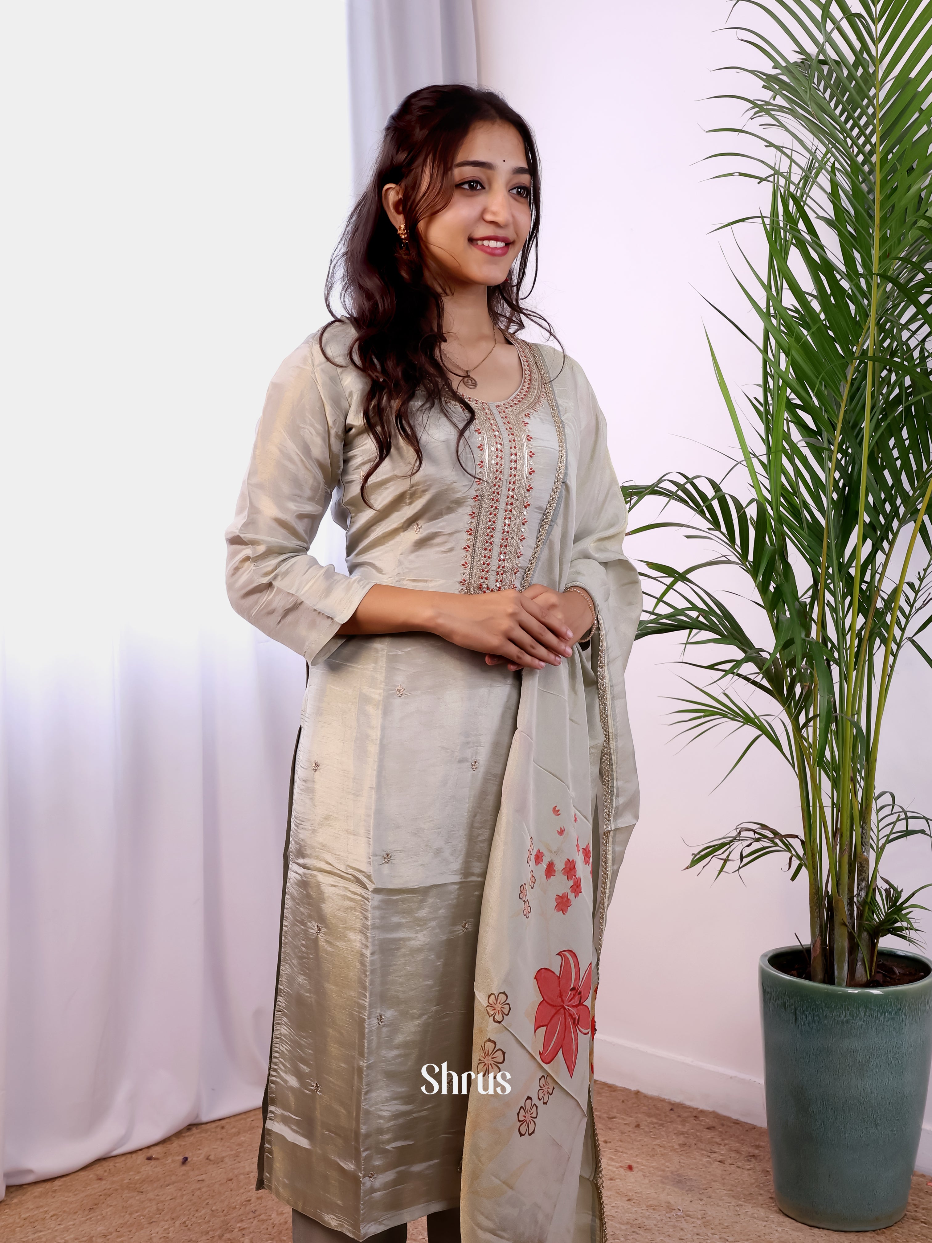 Cream -3pc Tissue  Readymade Suits