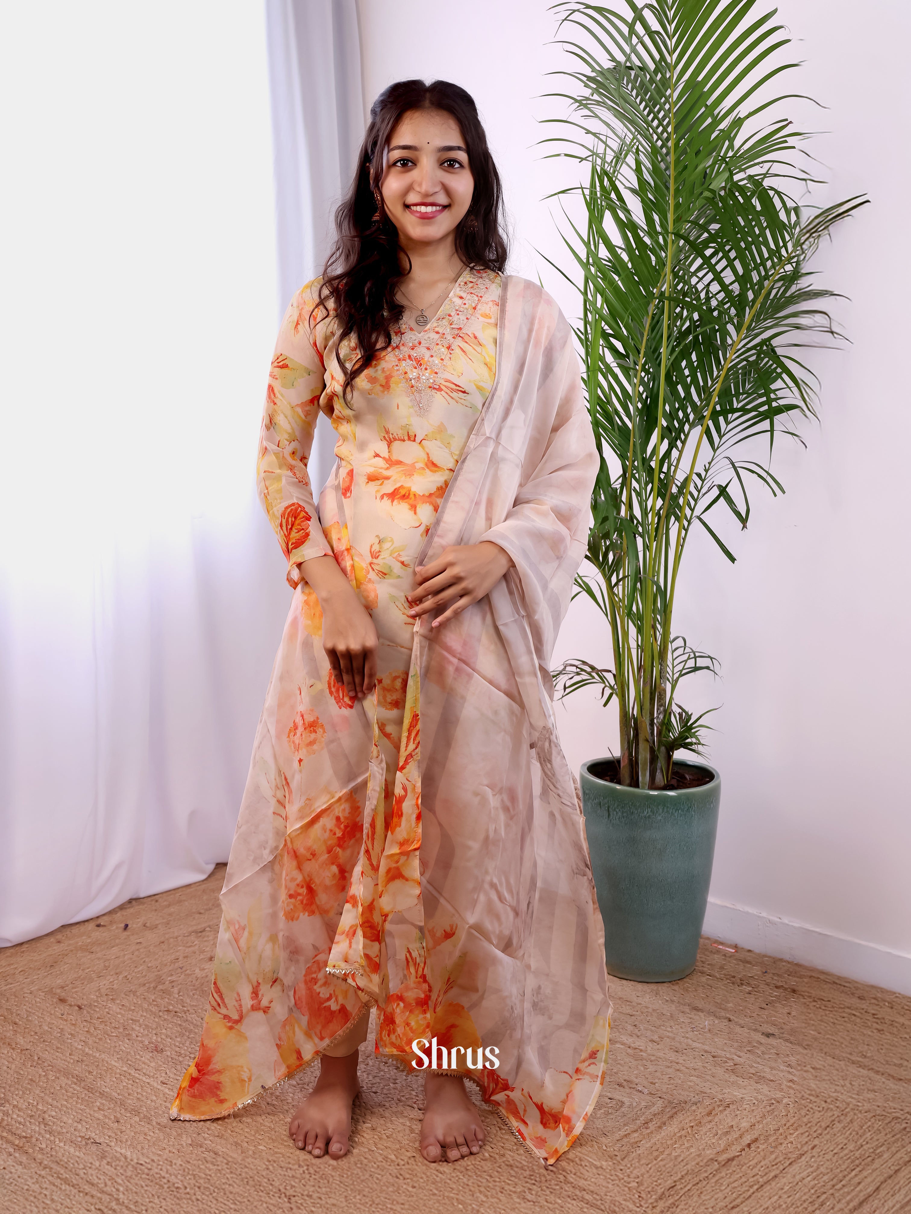 Cream & Orange - Digital printed 3pc Readymade Suits