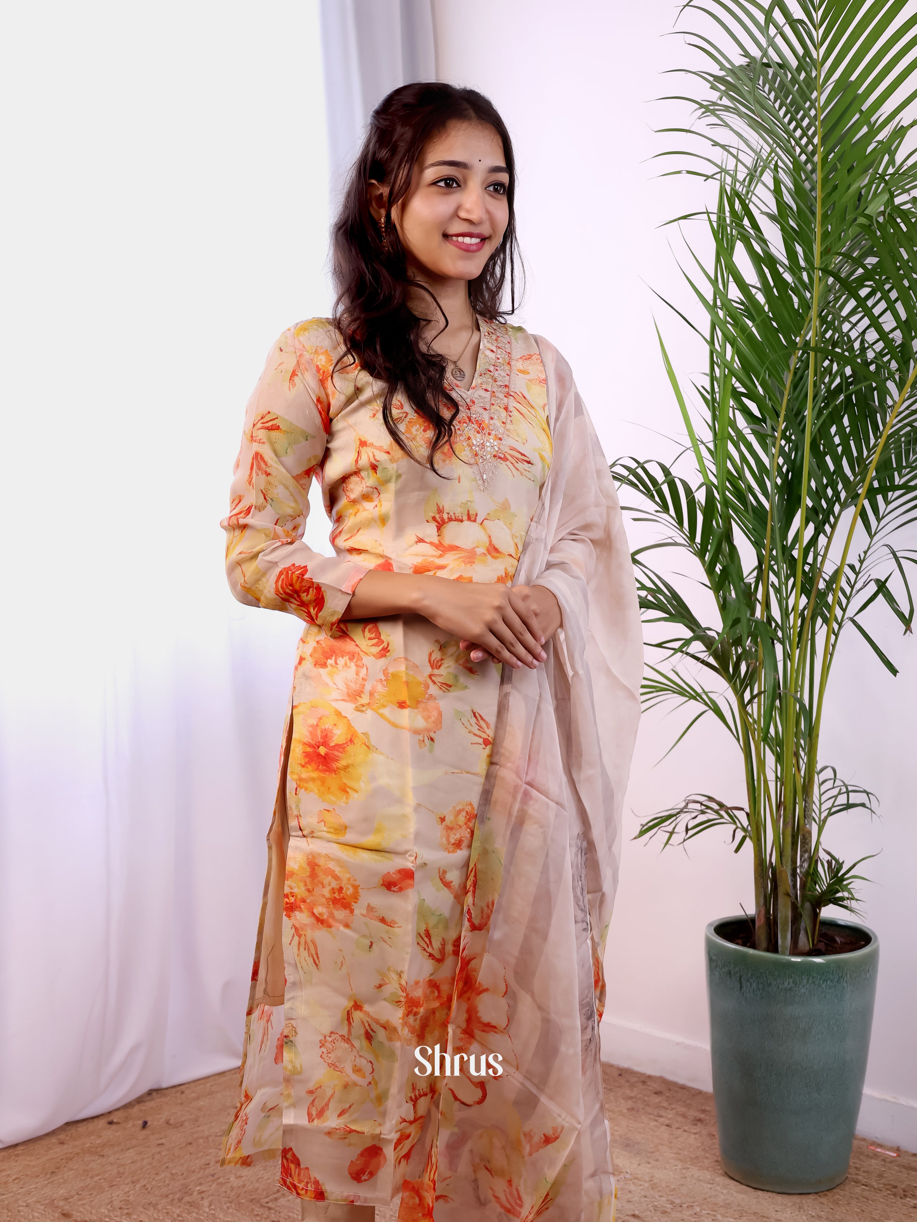 Cream & Orange - Digital printed 3pc Readymade Suits