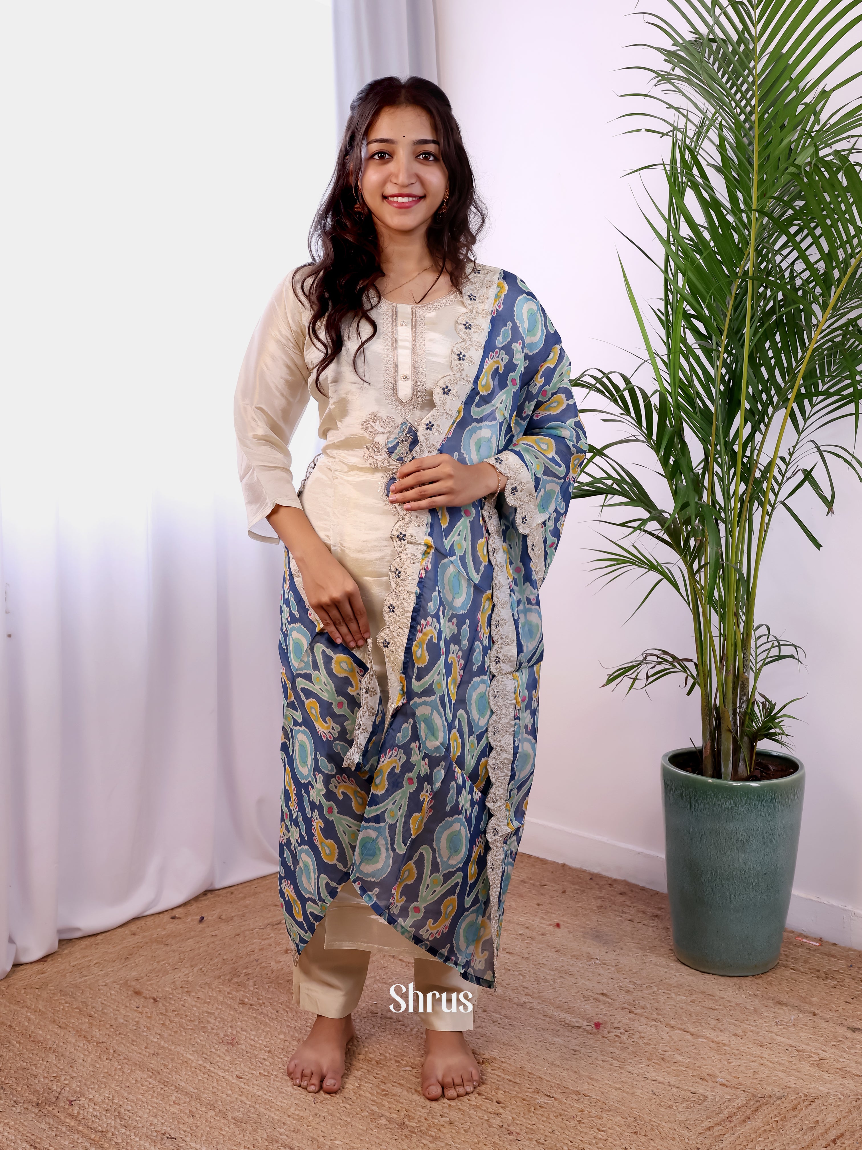 Cream & Blue -3pc  Readymade Suits