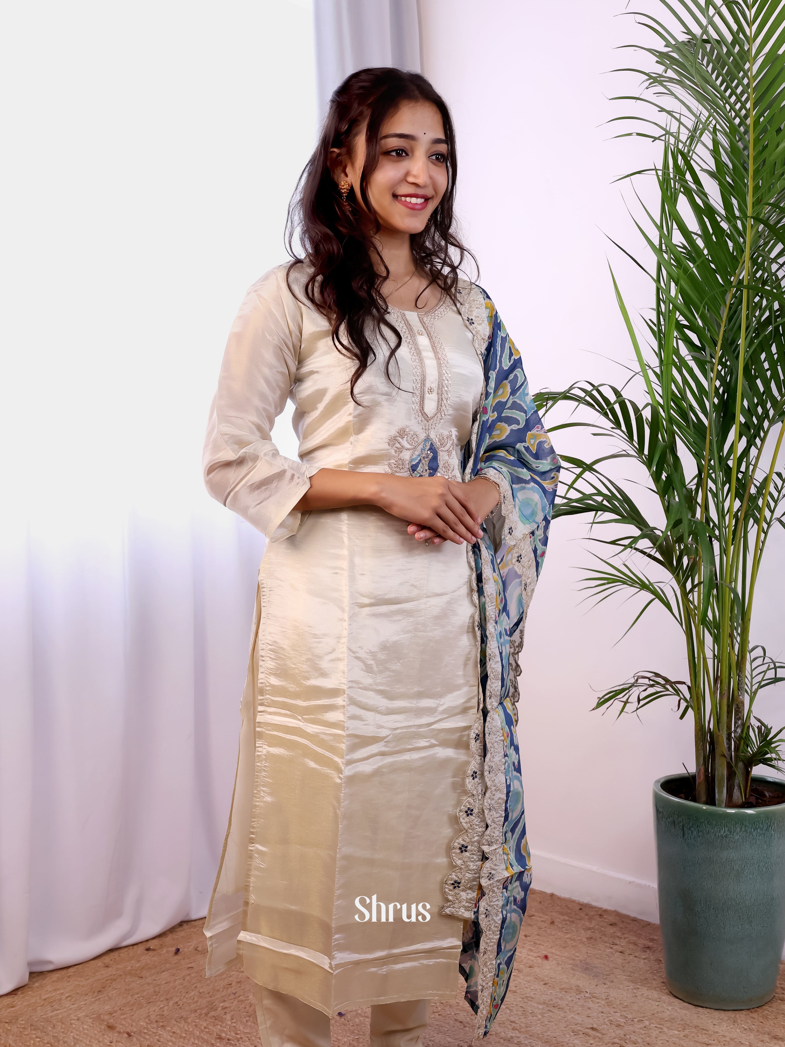 Cream & Blue -3pc  Readymade Suits