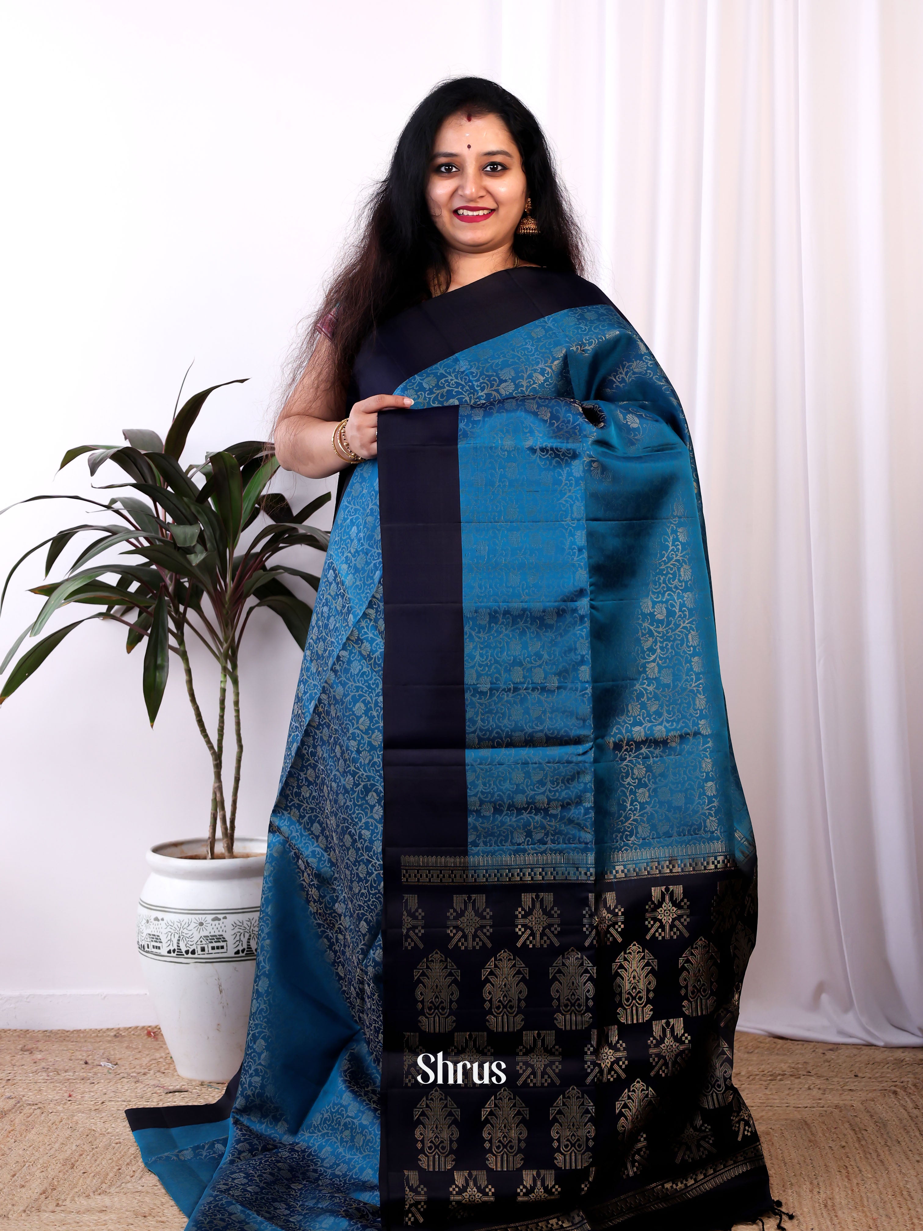 Blue & Navy Blue - Soft Silk Saree