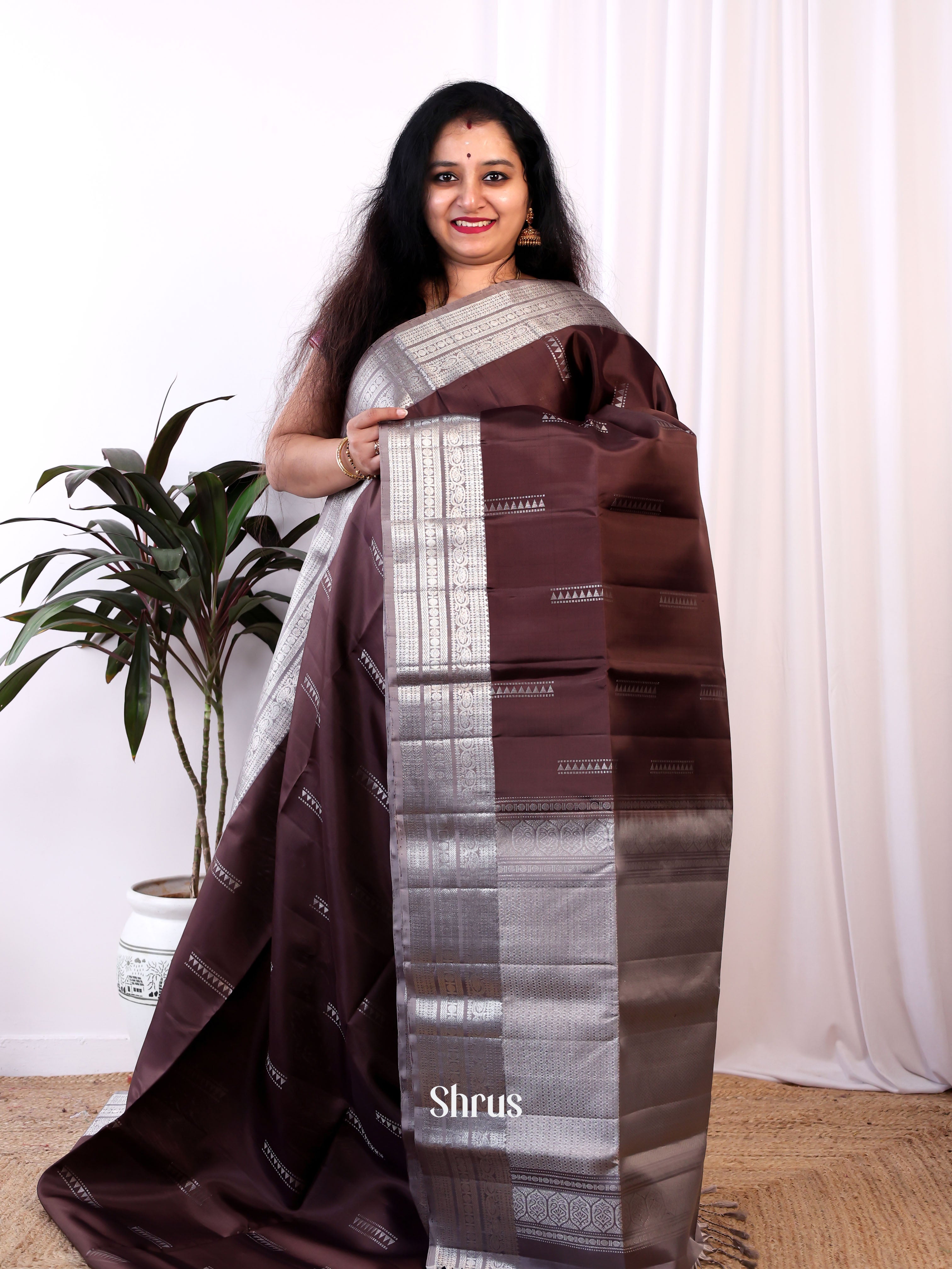 Coffee Brown & Grey - Soft Silk Saree