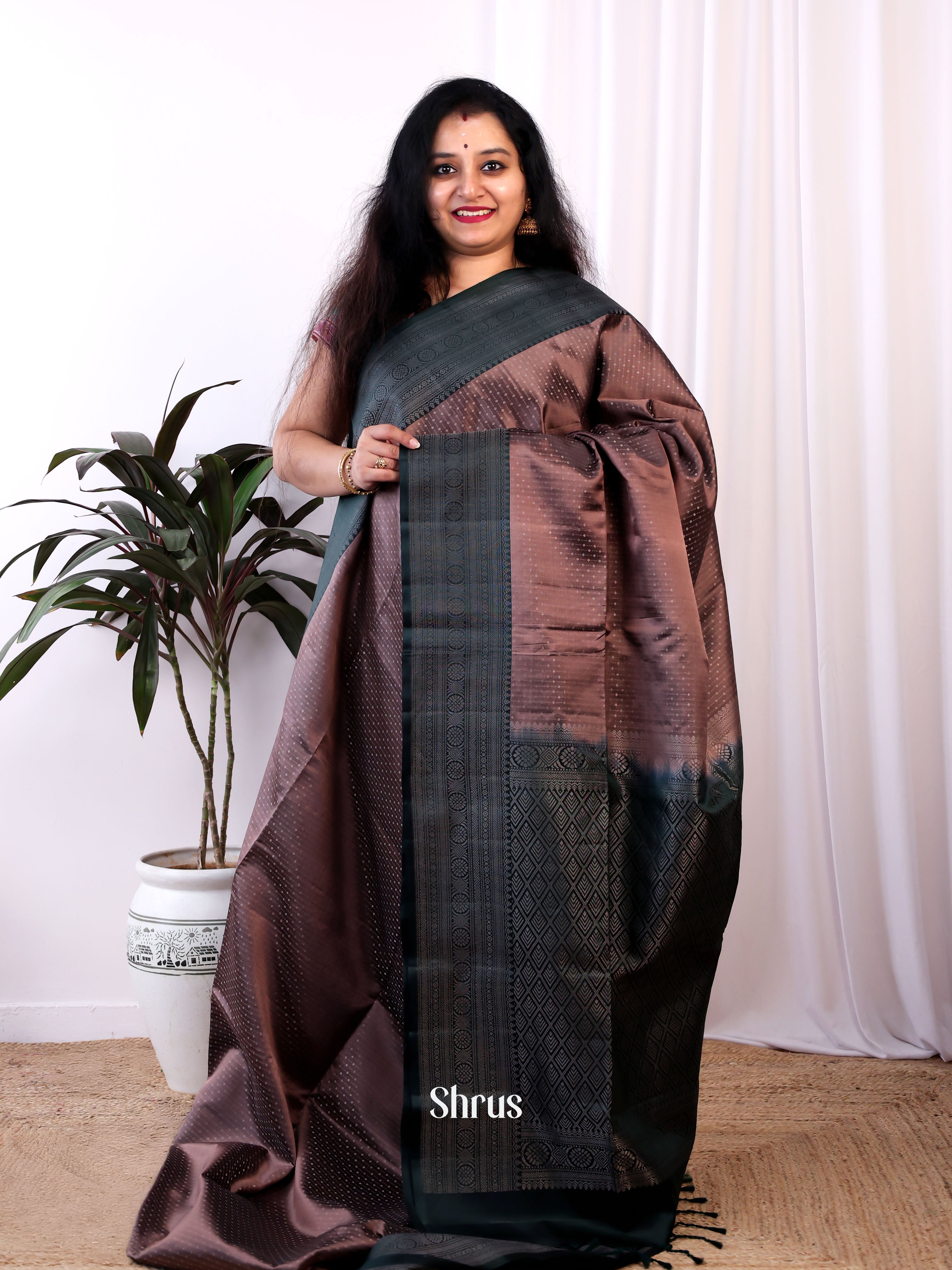 Brown  & Green - Soft Silk Saree