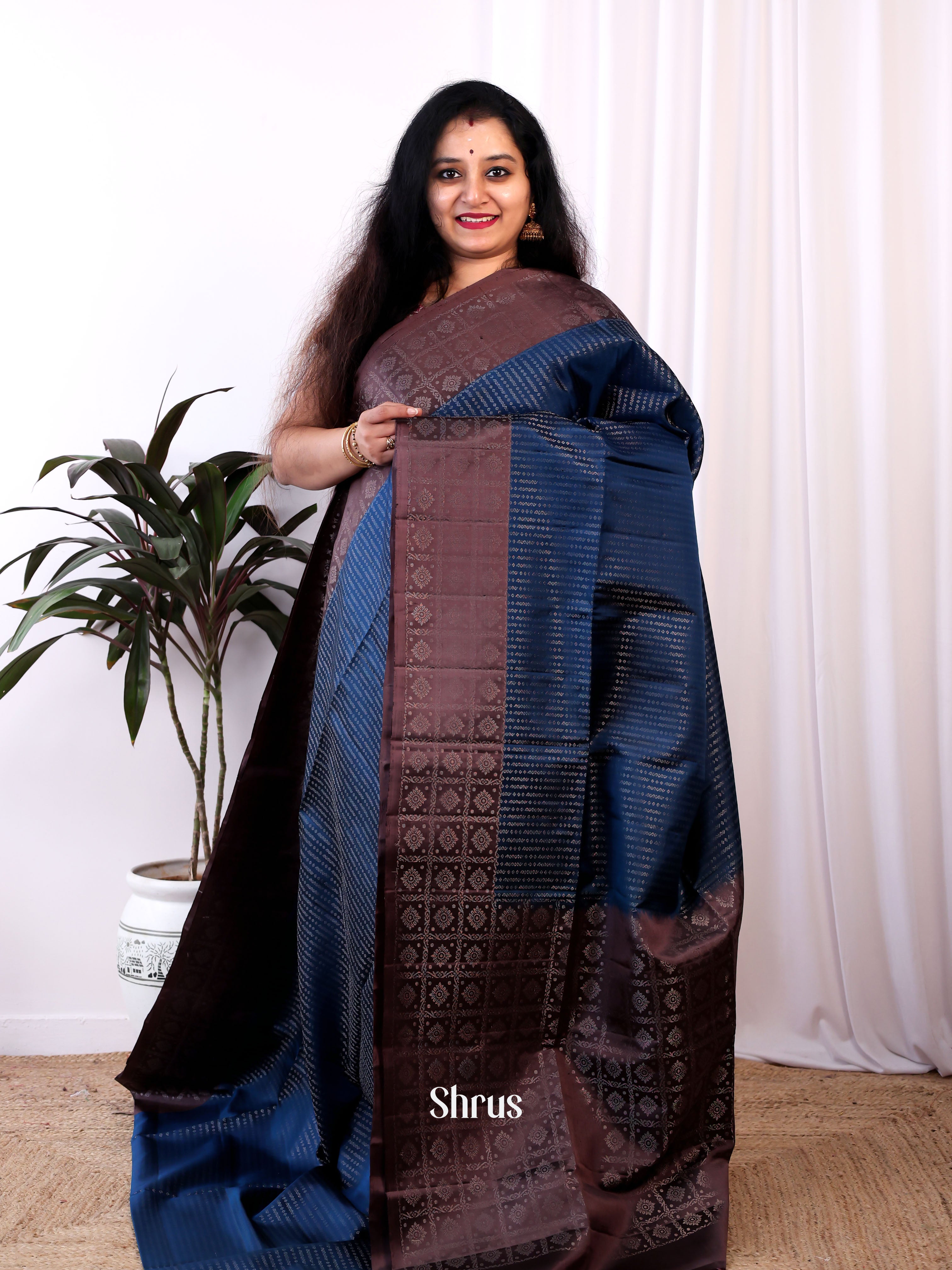 Cobalt Blue & Brown - Soft Silk Saree