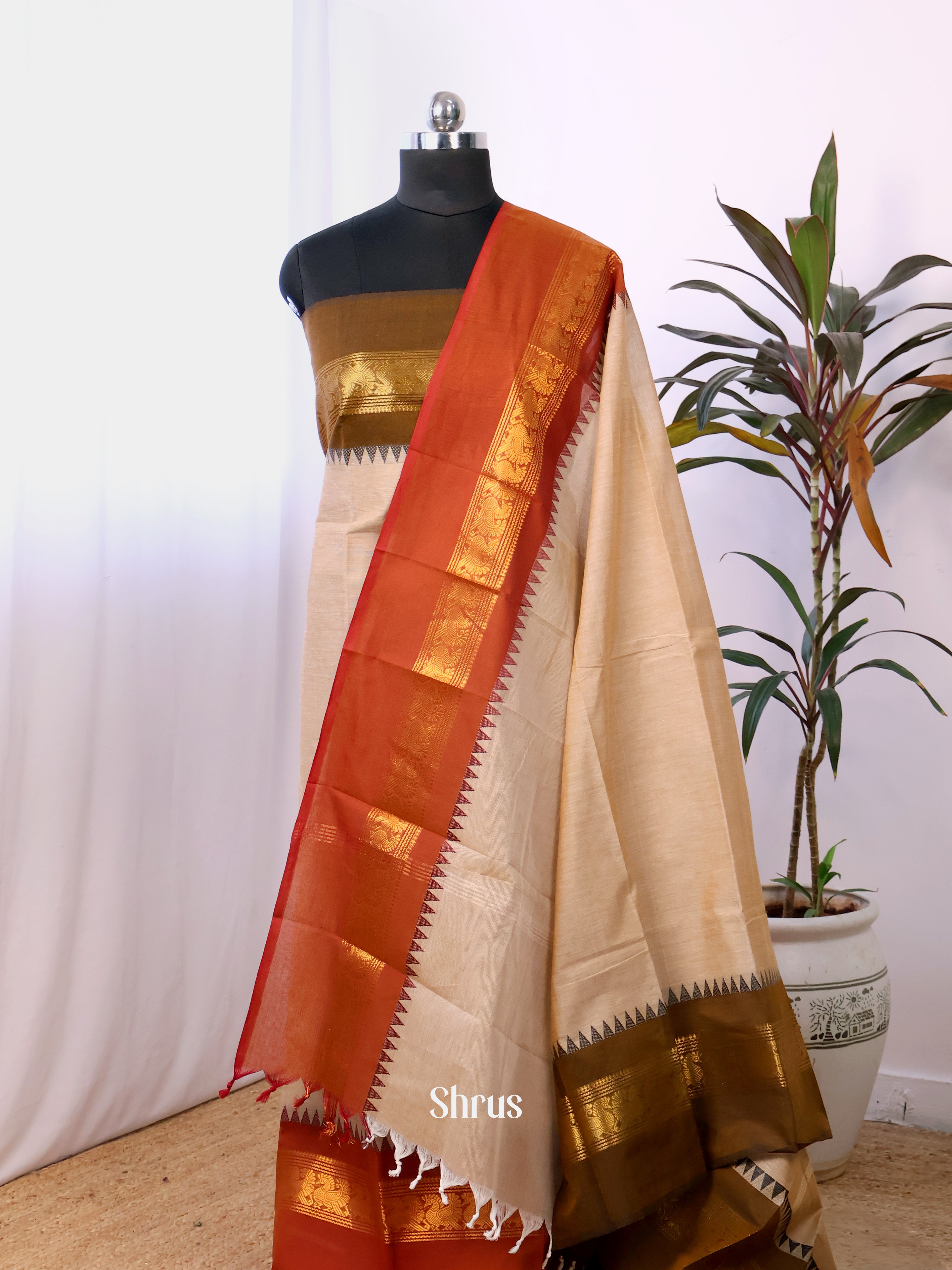 Cream  & Red - chettinad top & dupatta combo