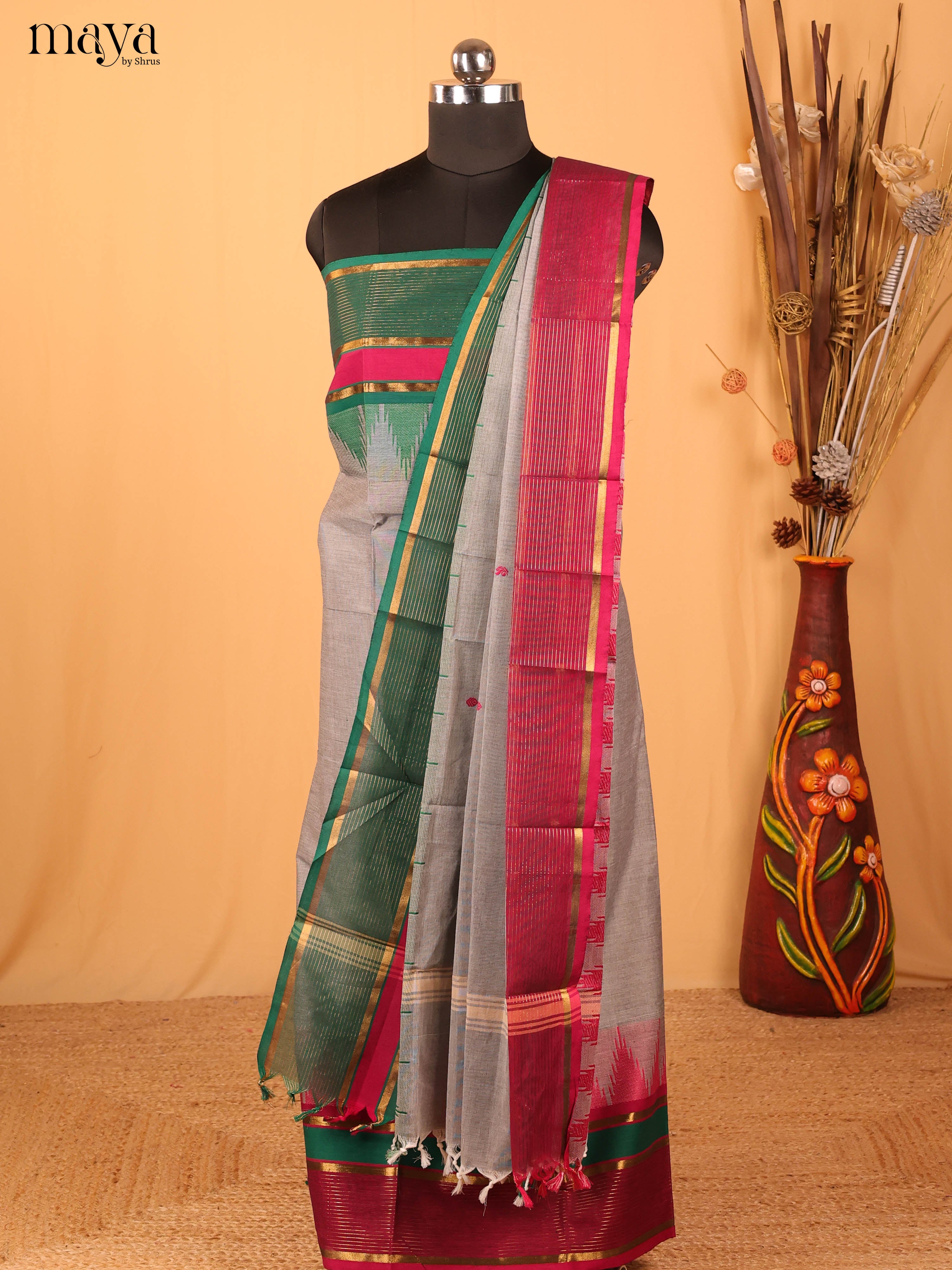 Grey & Green Chettinad Cotton Unstitched Top & Dupatta - CJS14190 - Shop on Shrus.com