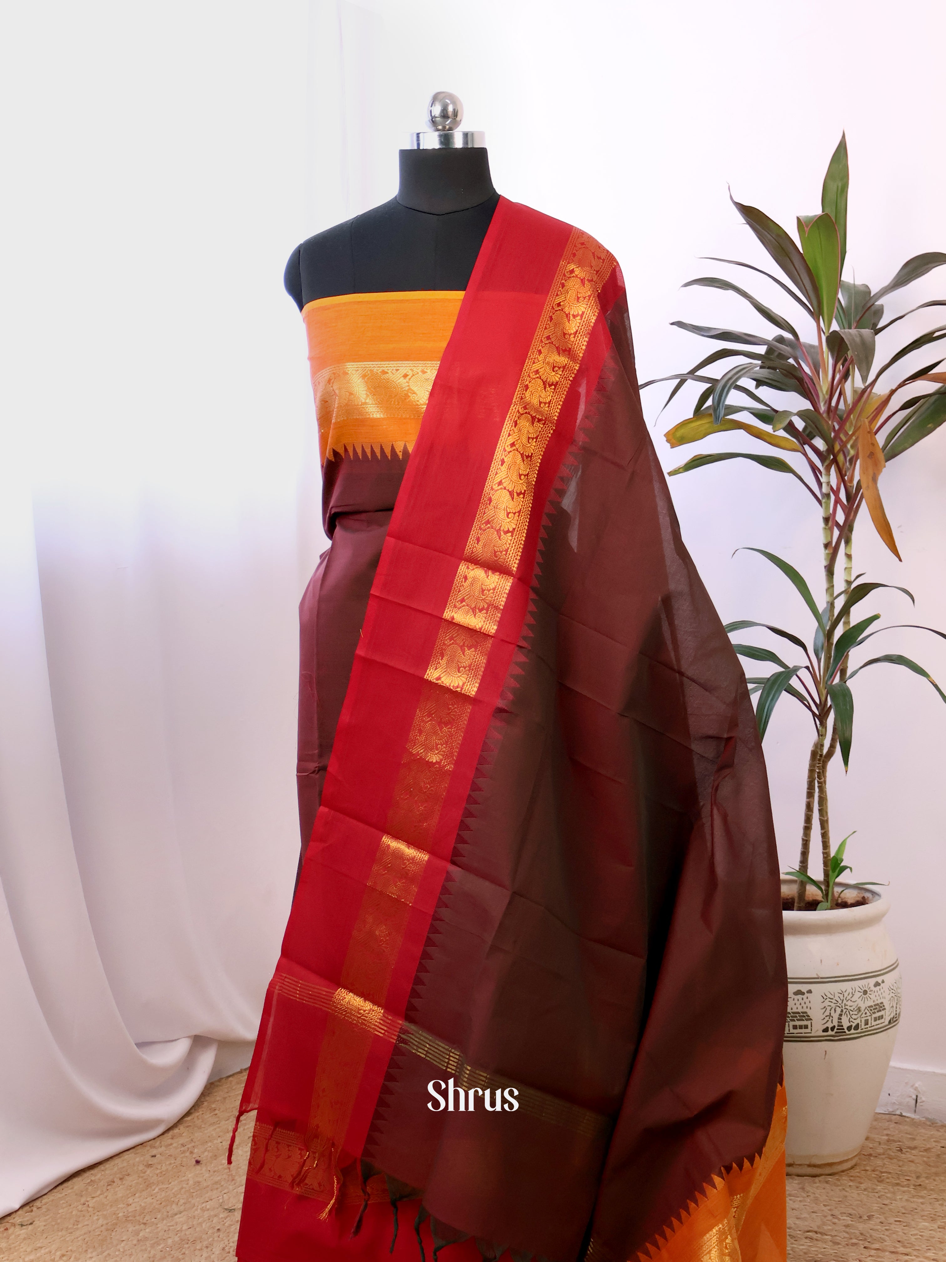 Brown & Red- chettinad top & dupatta combo