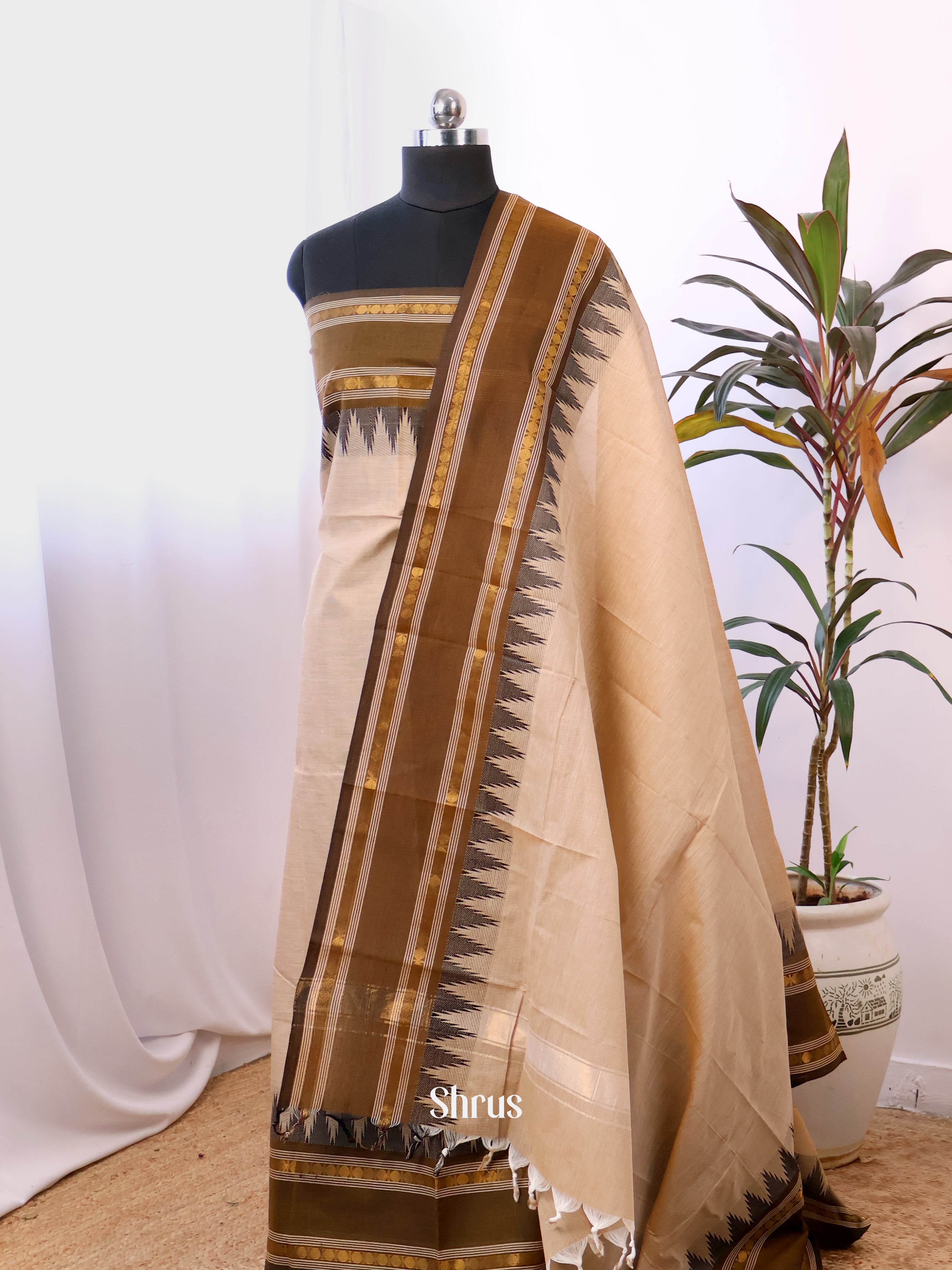 Cream & Brown- chettinad top & dupatta combo