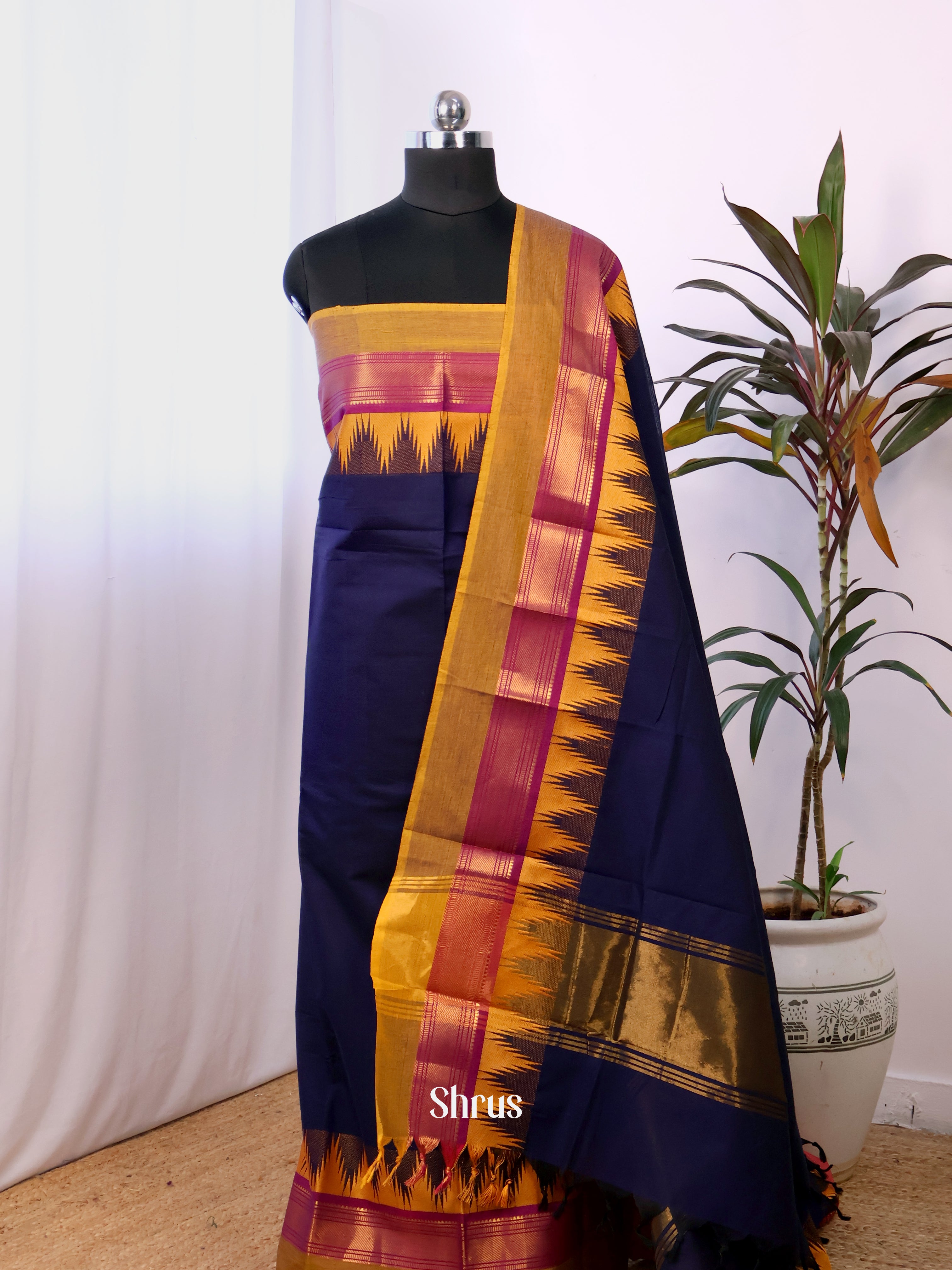 Blue & Mustard  - chettinad top & dupatta combo